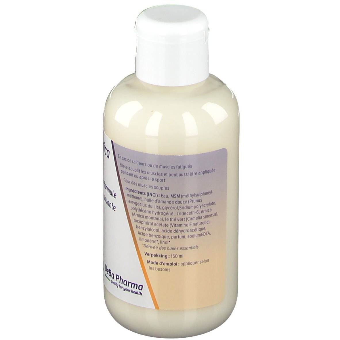 Dos du flacon de crème. Texte: Ingrédients, mode d'emploi. Logo DeBa Pharma.