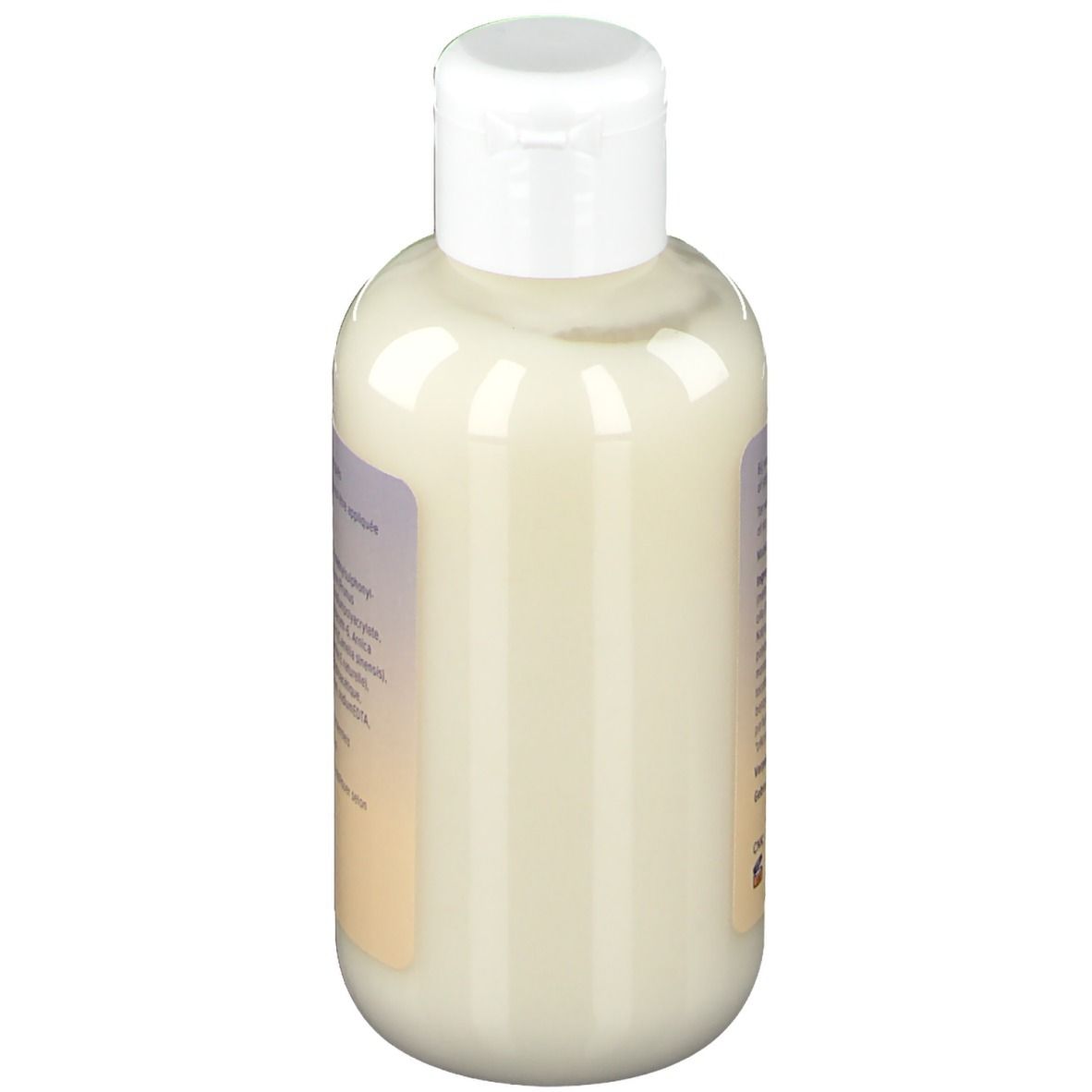 Flacon de crème, vue latérale. Bouchon blanc, liquide crème. Étiquette avec texte.