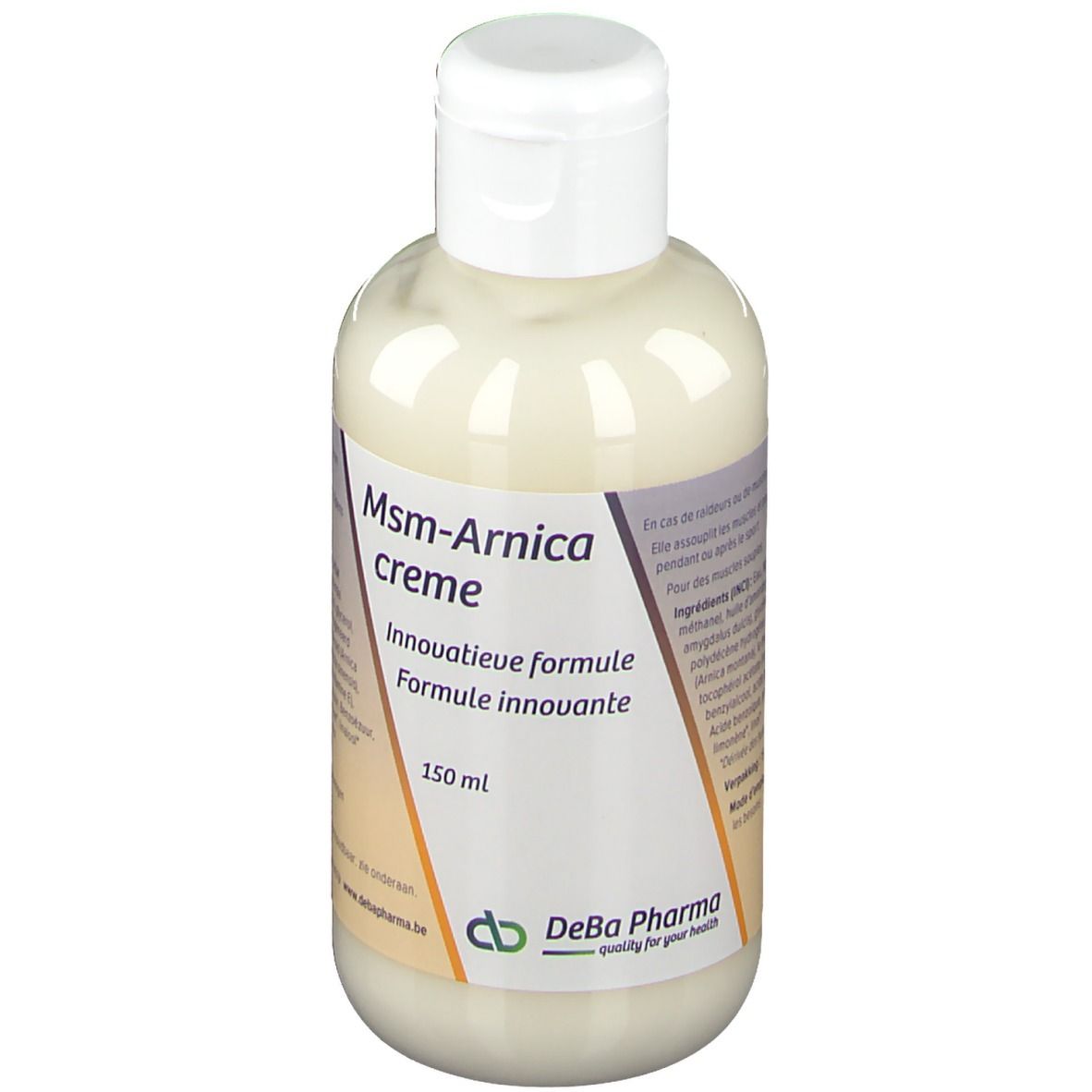 Flacon de crème à bouchon blanc. Inscription: Msm-Arnica crème, 150 ml. Logo DeBa Pharma.
