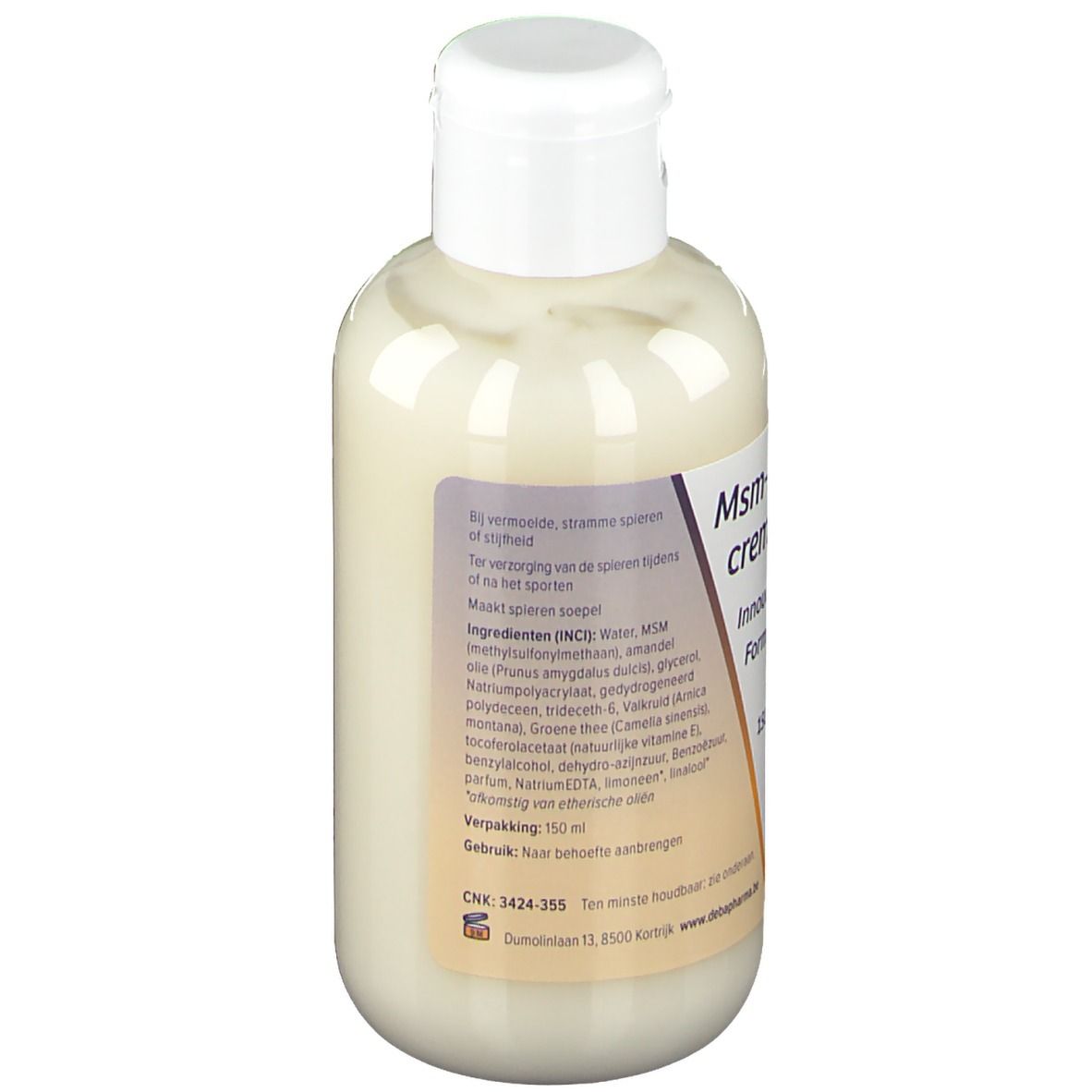 Dos du flacon de crème. Texte: Ingrédients, mode d'emploi. Logo DeBa Pharma.