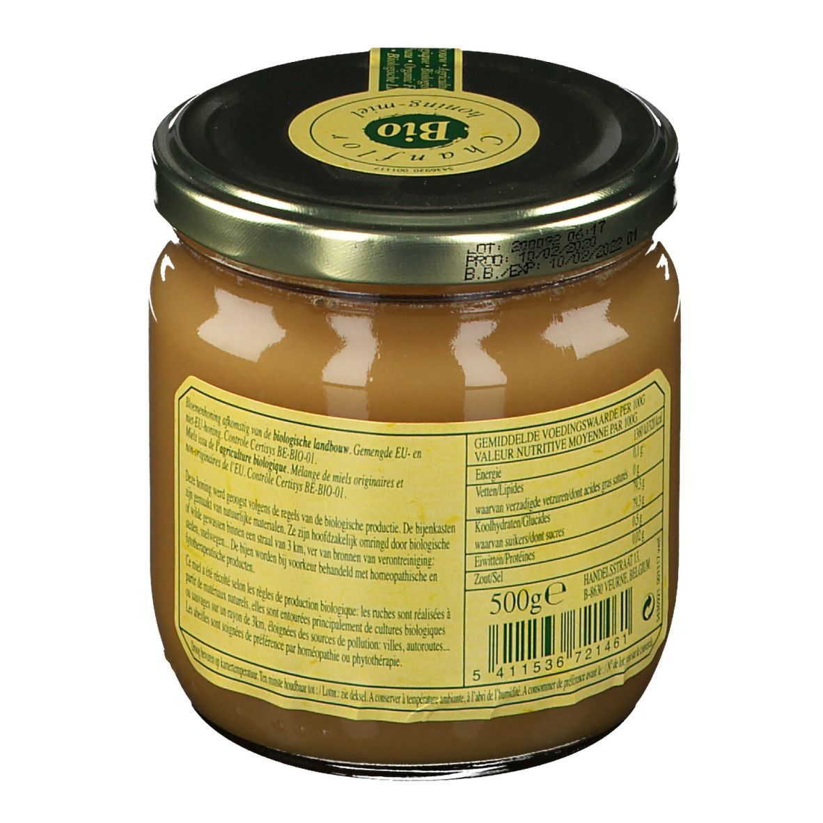 Pot de miel avec couvercle. Étiquettes avec texte. Inscription "Chanflor". Vue arrière du pot de miel.