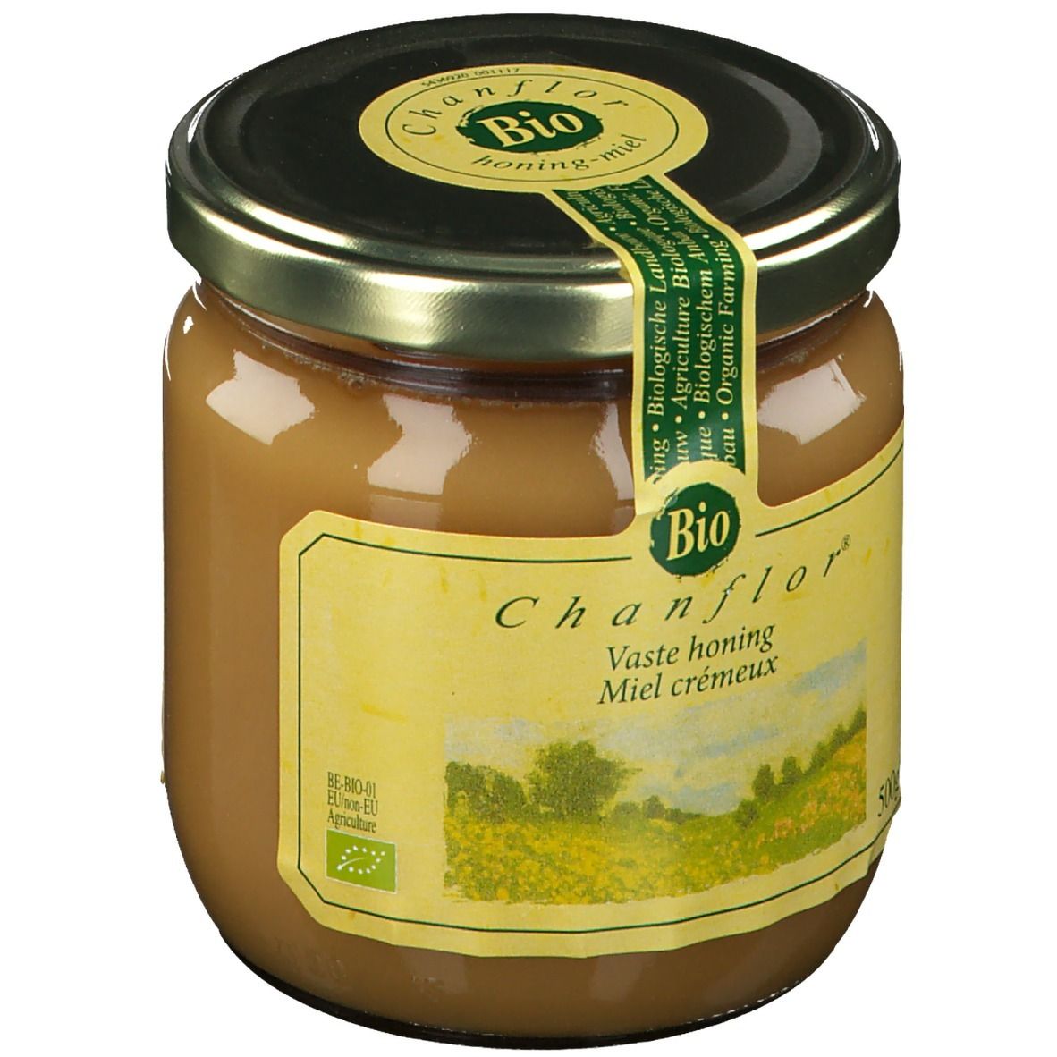 Pot de miel avec couvercle. Étiquette avec "Chanflor", "Bio" et paysage. Inscription "Vaste honing Miel crémeux".