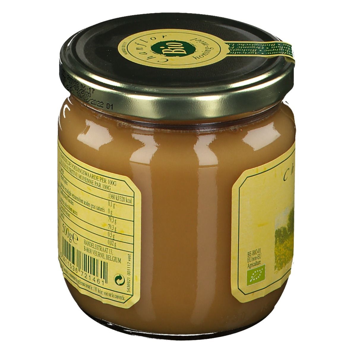 Pot de miel avec couvercle. Étiquettes avec texte. Inscription "Chanflor". Vue arrière du pot de miel.