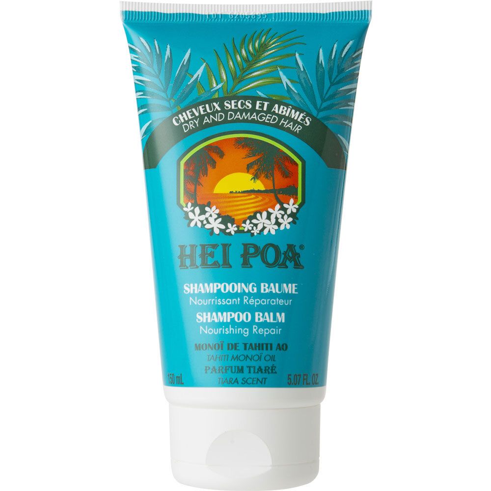Tube bleu turquoise HEI POA Shampooing Baume. Texte: "Cheveux secs et abîmés", "Shampoo Balm".