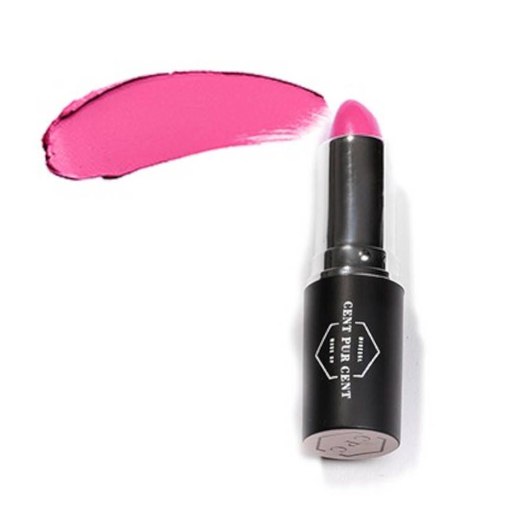 Rouge à lèvres rose avec un étui noir et une trace de couleur. "CENT PUR CENT" est inscrit sur l'étui.