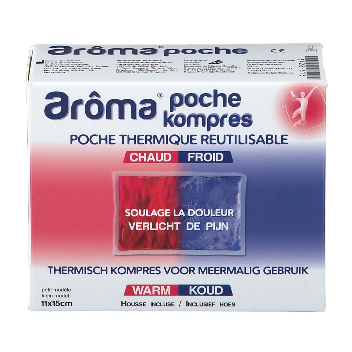 Compresse thermique Aroma poche, 11x15cm. Emballage avec indications chaud/froid. Texte: "Soulage la douleur".