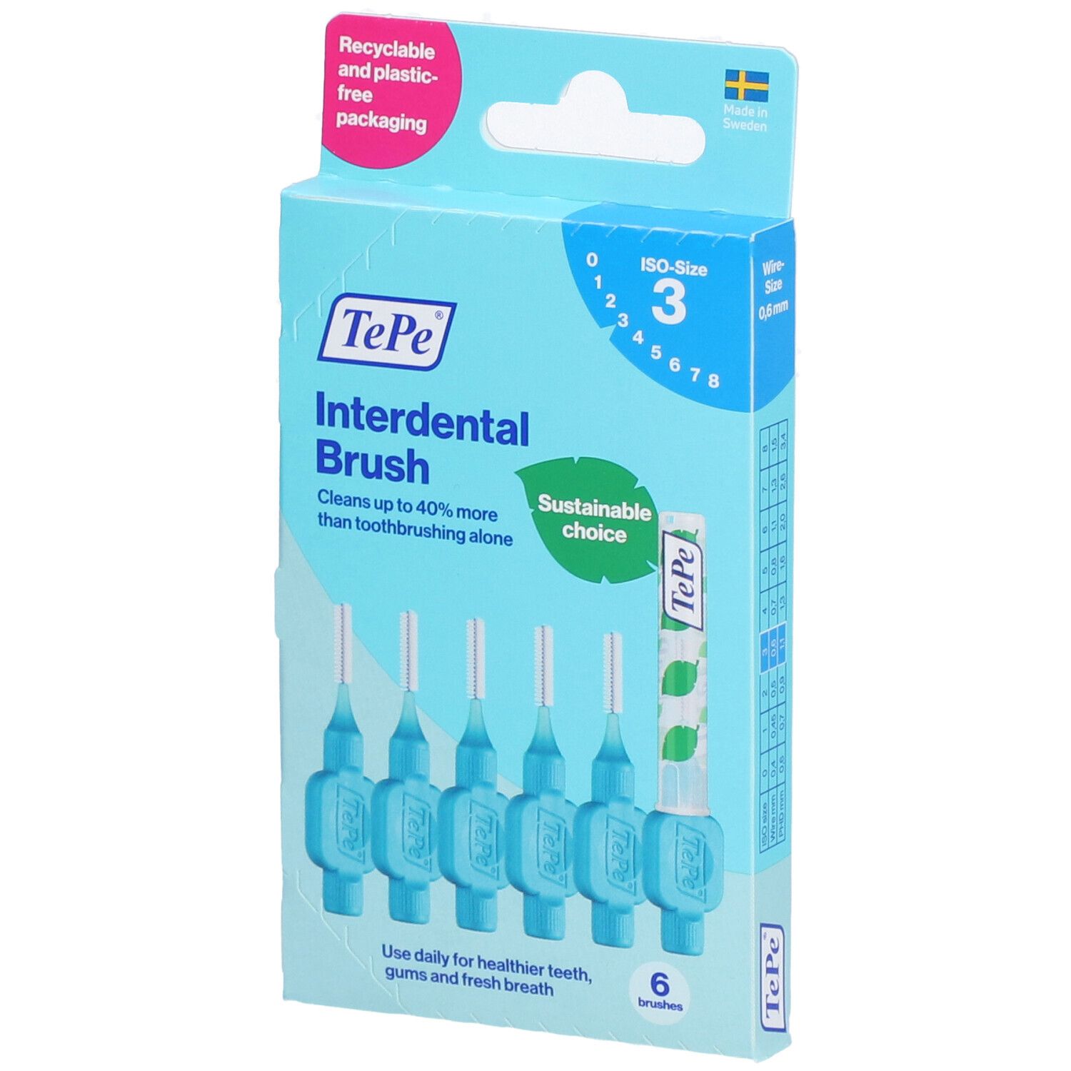 Boîte en carton de brosses interdentaires bleues. Six pièces, taille 3. Marque TePe.