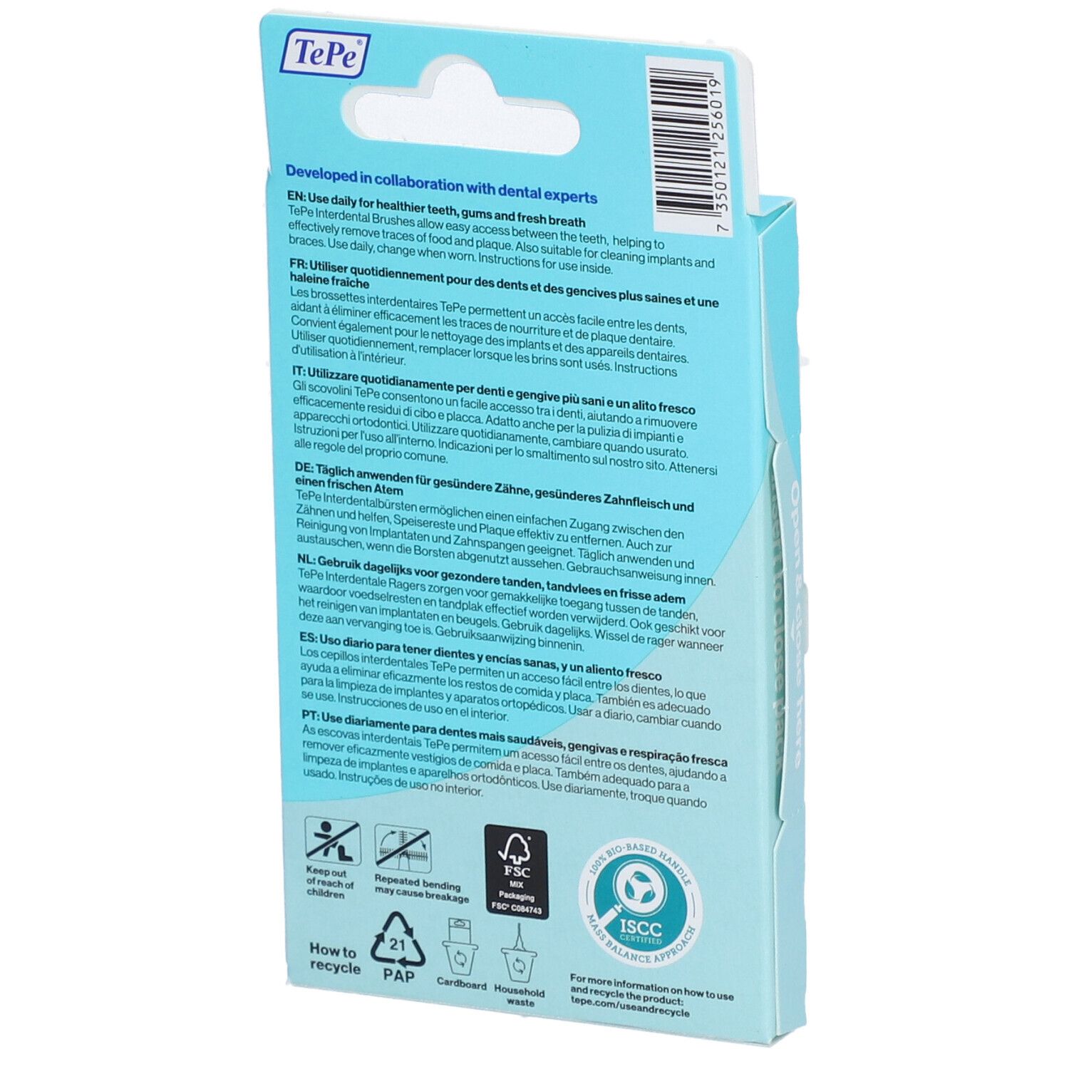 Dos de la boîte en carton avec texte multilingue. Marque TePe.