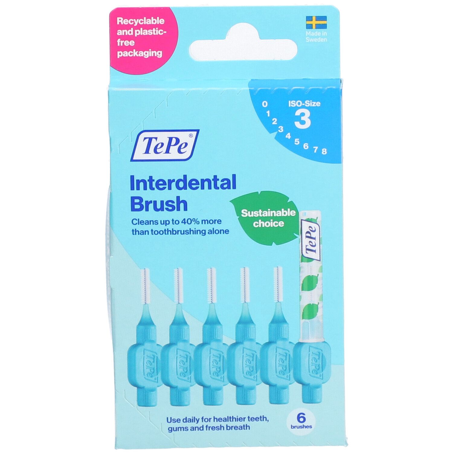 Boîte en carton de brosses interdentaires bleues. Six pièces, taille 3. Marque TePe.
