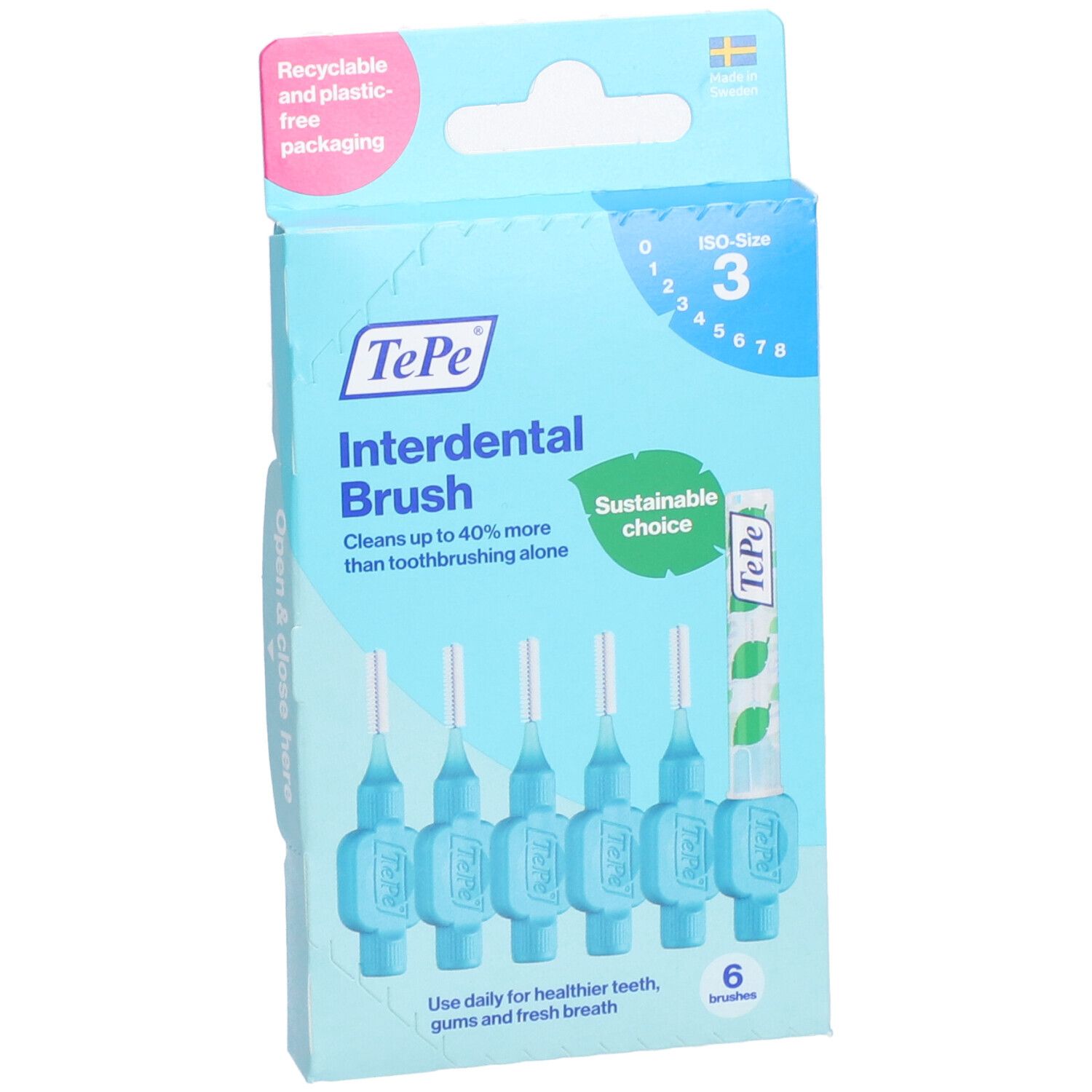 Boîte en carton de brosses interdentaires bleues. Six pièces, taille 3. Marque TePe.