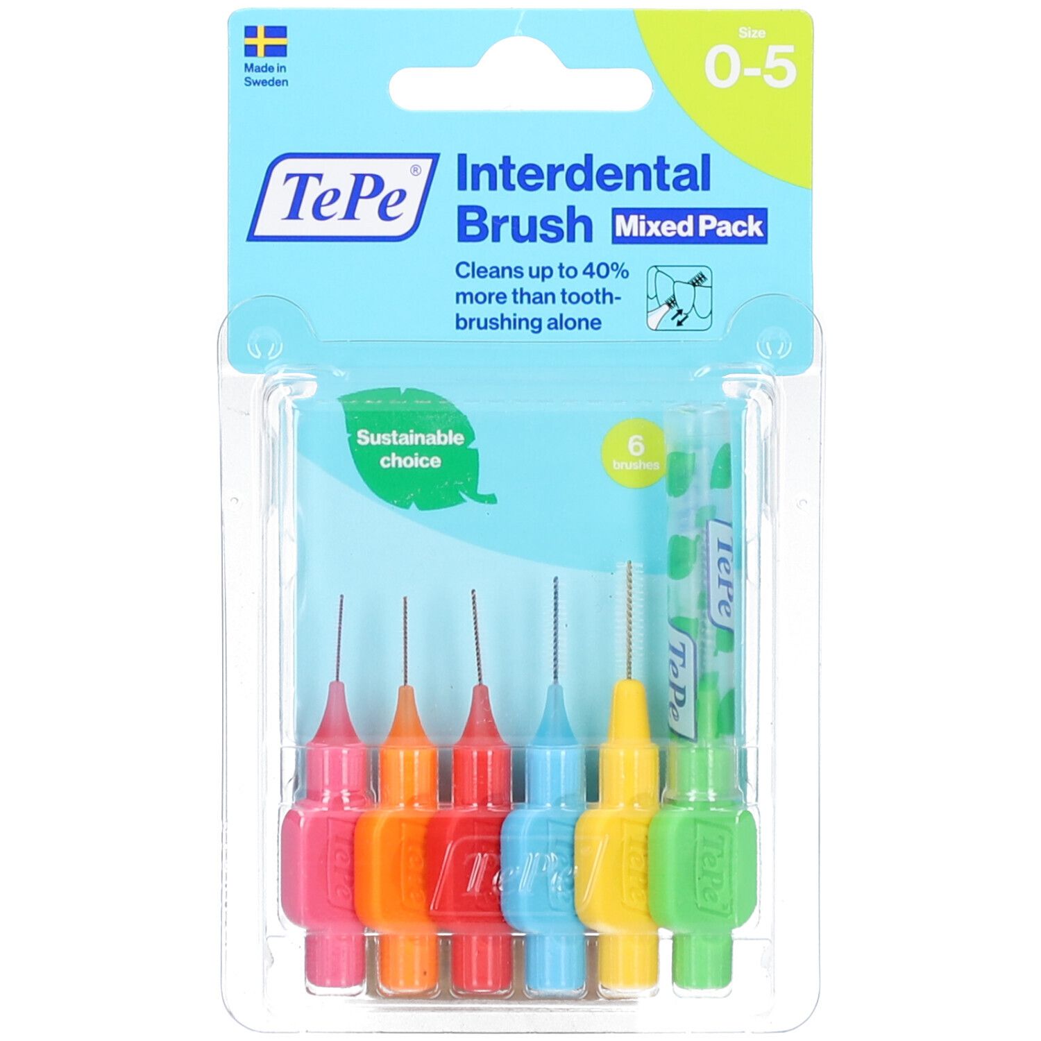 Brosses interdentaires en blister. Six brosses avec manches colorés. Tailles : 0-5. Marque TePe.