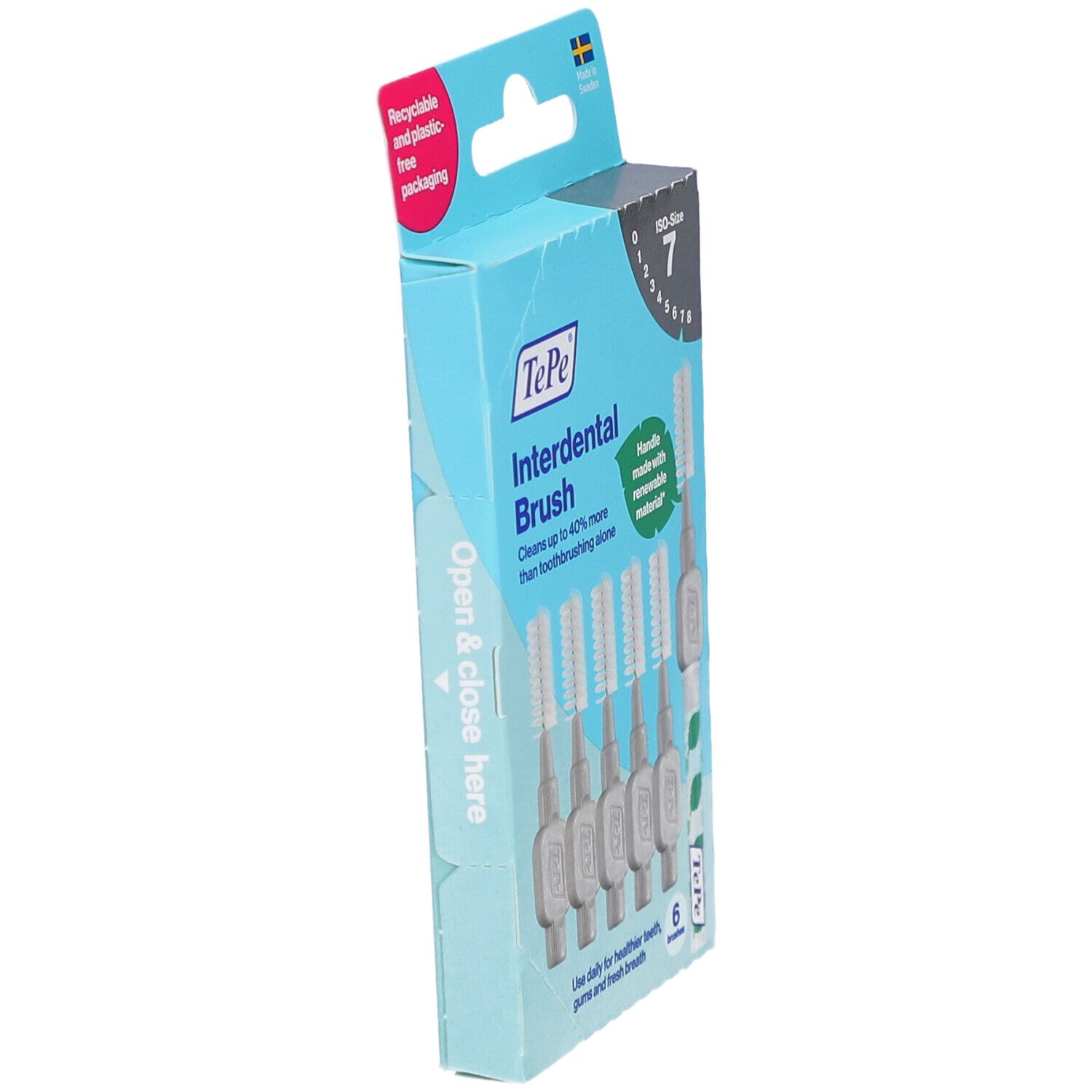 TePe Interdental Brush, taille 7. 6 brosses dans une boîte. Emballage recyclable et sans plastique. Manche en matériau renouvelable.