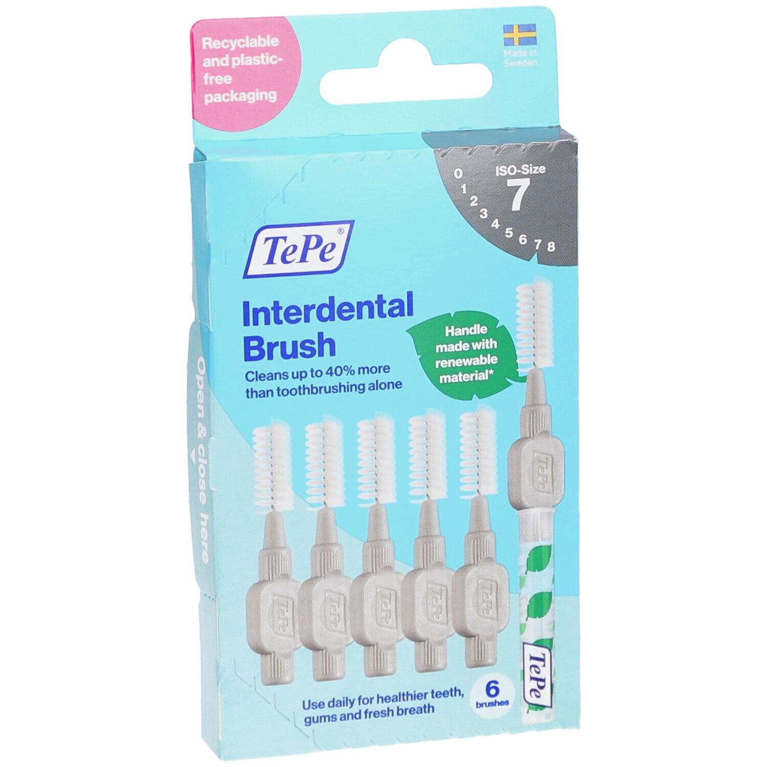 TePe Interdental Brush, taille 7. 6 brosses dans une boîte. Emballage recyclable et sans plastique. Manche en matériau renouvelable.