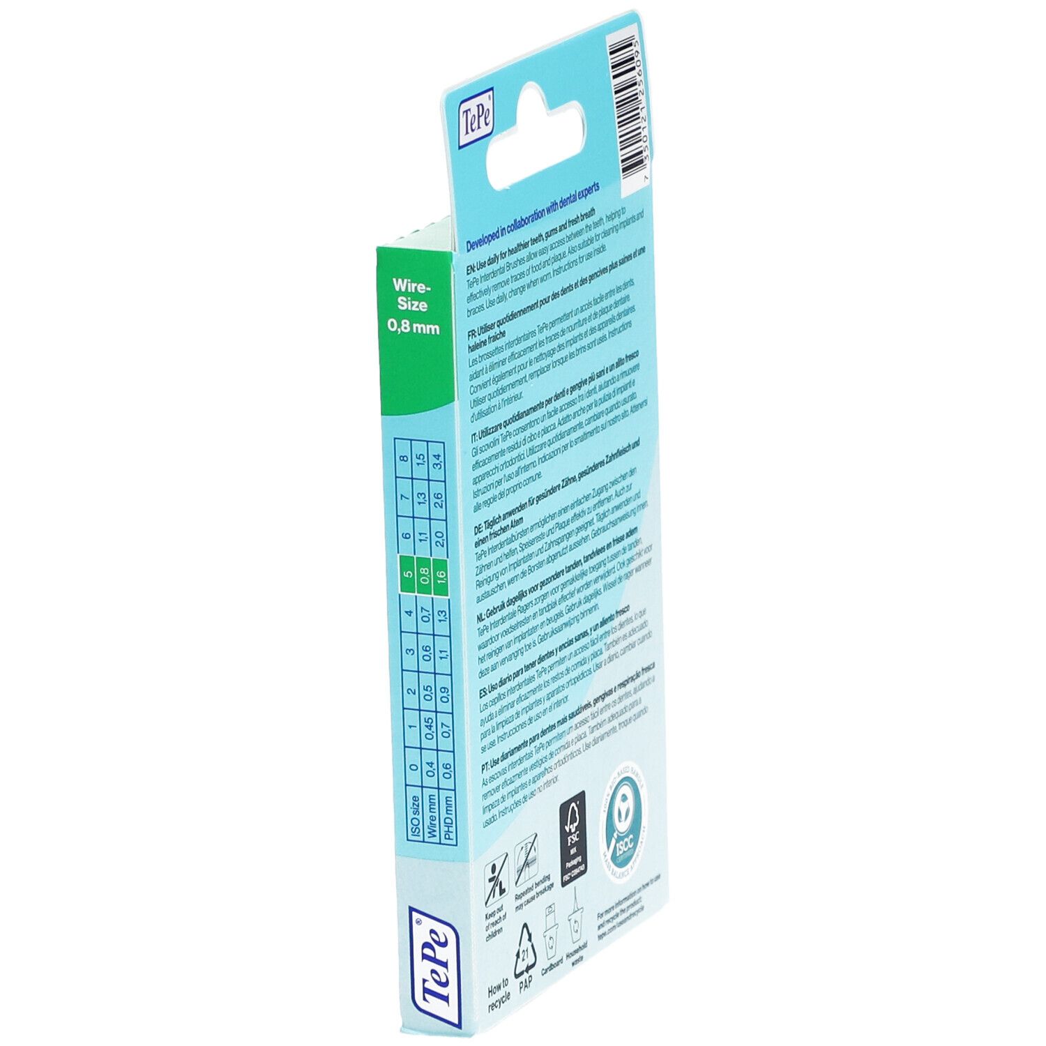 Vue latérale de l'emballage. Taille du fil 0,8 mm. Indications de taille. Marque TePe.