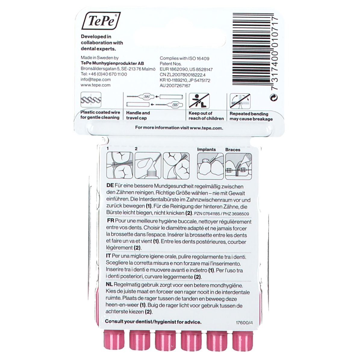 Dos de l'emballage avec informations produit. Texte en allemand, français, italien et néerlandais. Brossettes roses visibles.