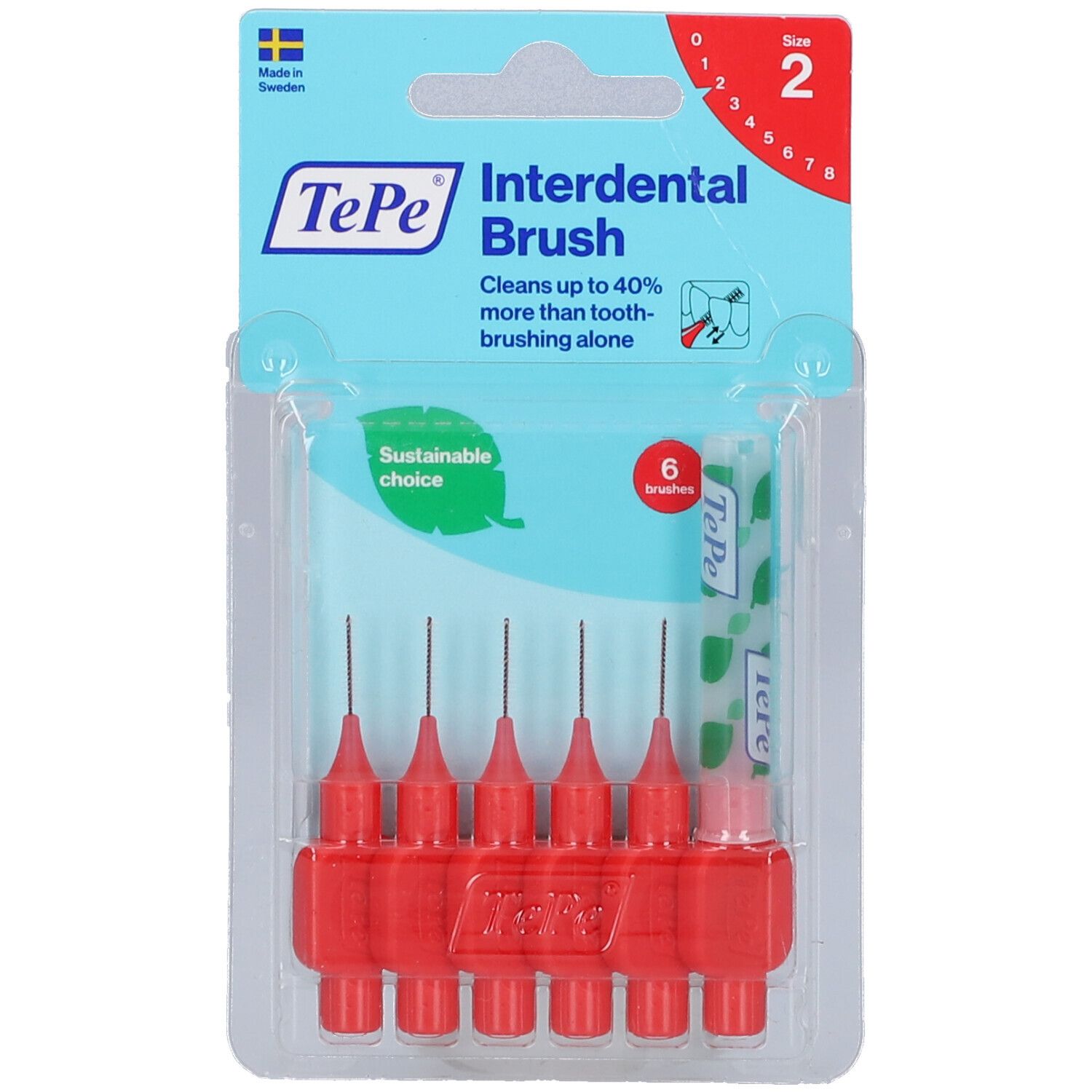 Paquet de brosses interdentaires rouges. Six pièces, taille 2. Marque TePe. "Interdental Brush" est écrit sur l'emballage.