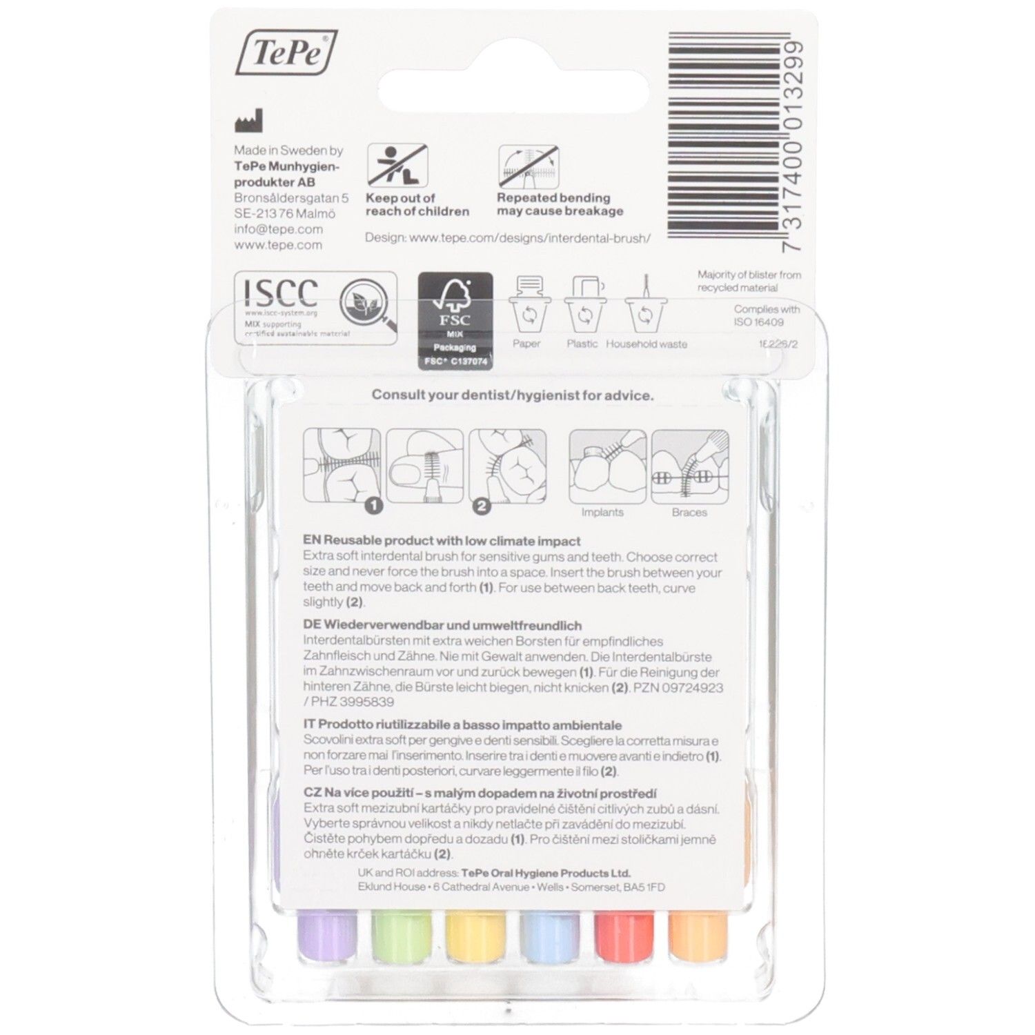 Paquet de 6 brossettes interdentaires. Couleurs assorties, extra douces. Marque TePe. Choix durable.