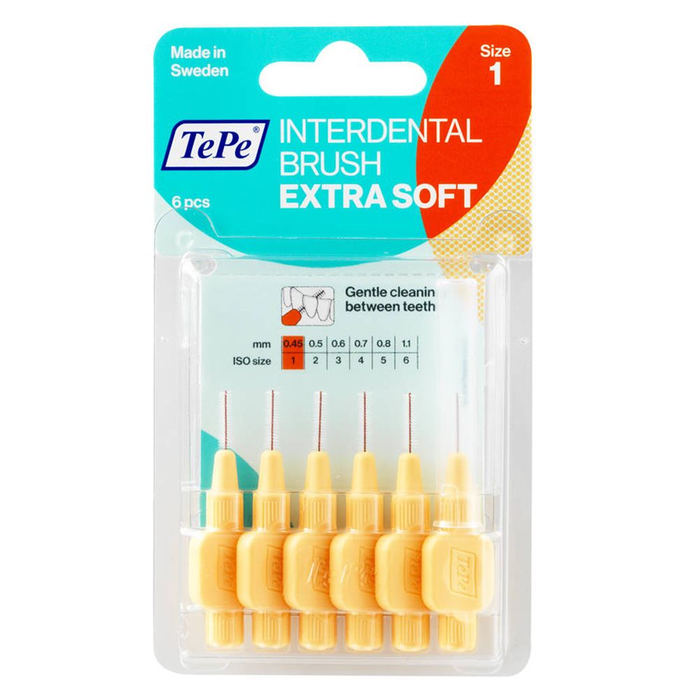 Blister de 6 brossettes interdentaires TePe, jaune, extra souples. Taille 1, 0,45 mm. Marque et texte visibles.