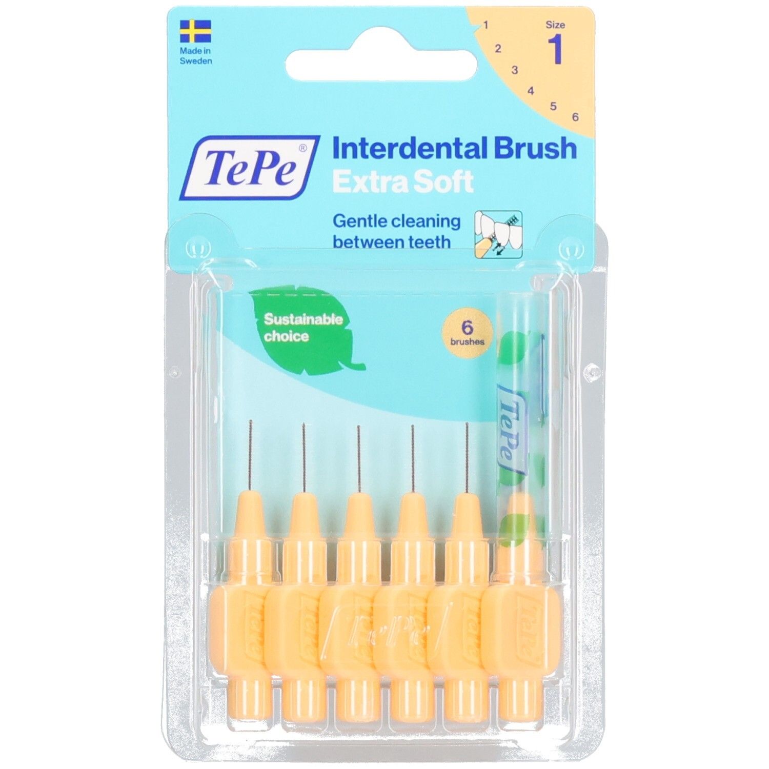 Blister de 6 brossettes interdentaires TePe, jaune, extra souples. Taille 1, 0,45 mm. Choix durable.