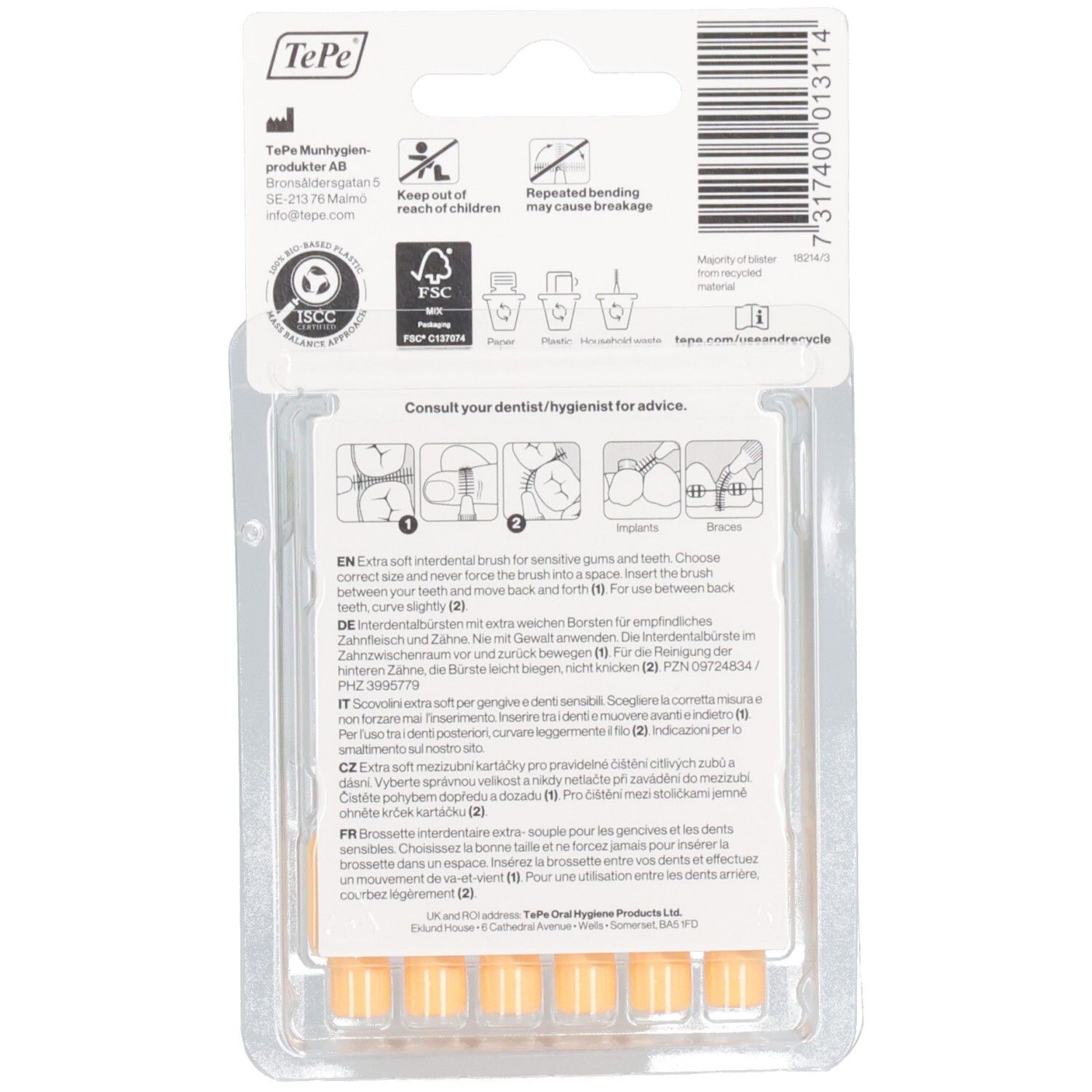 Dos de l'emballage blister des brossettes interdentaires TePe. Texte multilingue. Instructions de recyclage et pictogrammes.