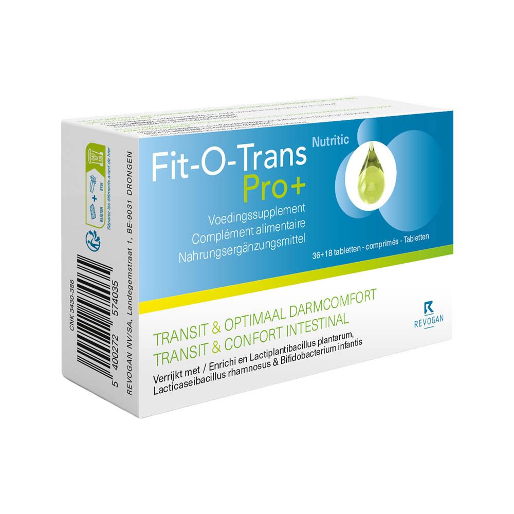 Boîte de complément alimentaire Fit-O-Trans Pro+. Contient 36+18 comprimés. Inscription : Transit & confort intestinal.