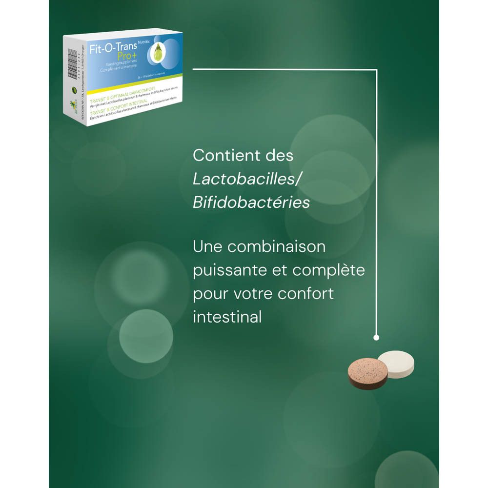 Visuel publicitaire avec Fit-O-Trans Pro+ et deux comprimés. Texte : Contient des lactobacilles/bifidobactéries. Pour confort intestinal.