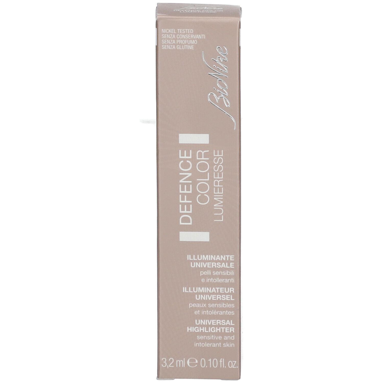Emballage en carton. Inscription: BioNike, Defence Color, Lumieresse, Universal Highlighter.