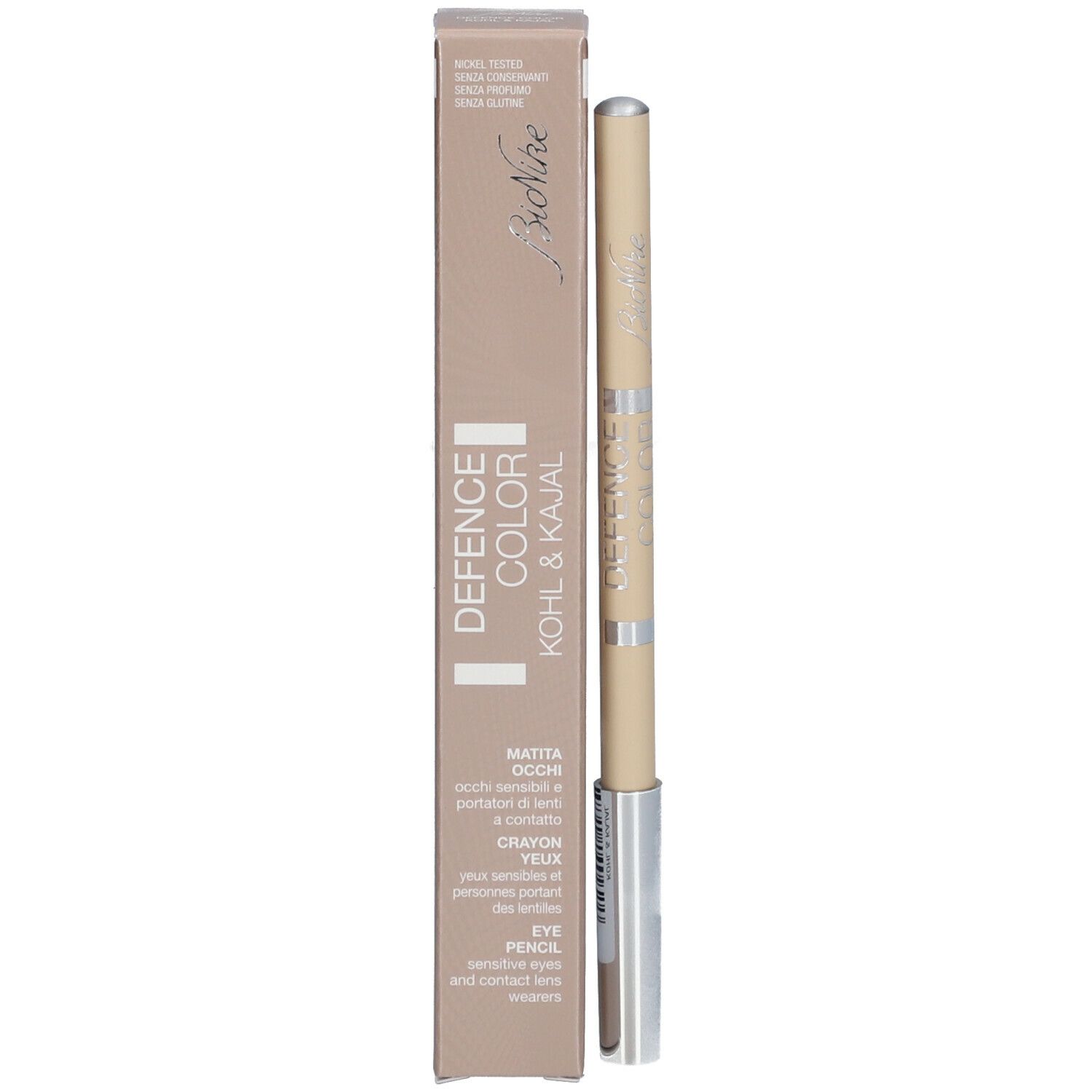 Crayon pour les yeux beige et emballage. Emballage avec nom du produit et de la marque. Crayon avec des accents argentés.