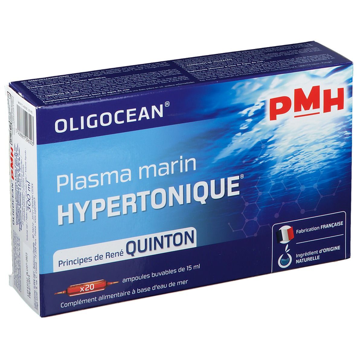 Boîte de produit OLIGOCEAN PMH. Inscription: Plasma marin Hypertonique, Quinton. Contient 20 ampoules. Fabrication française.