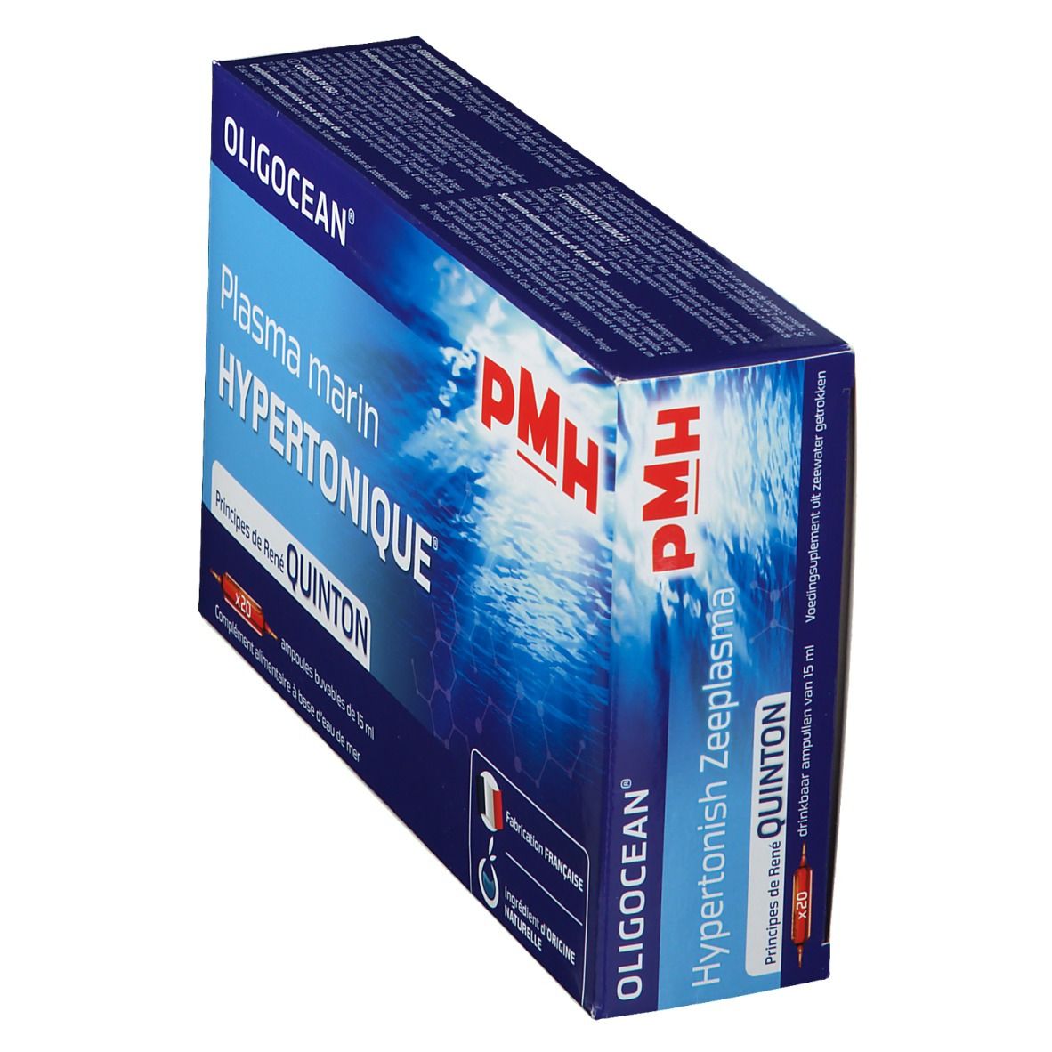 Boîte de produit OLIGOCEAN PMH. Inscription: Plasma marin Hypertonique, Quinton. Contient 20 ampoules. Fabrication française.