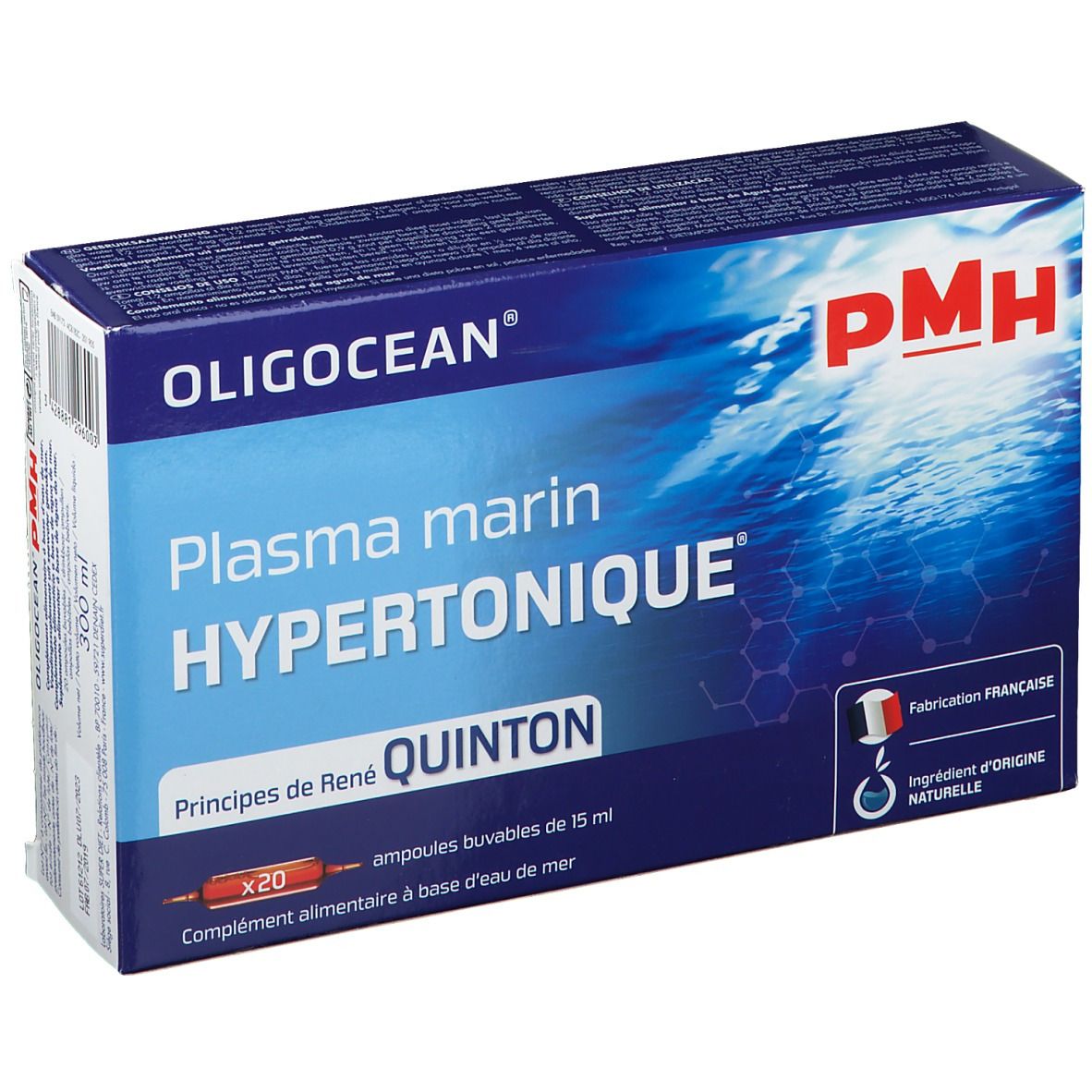Boîte de produit OLIGOCEAN PMH. Inscription: Plasma marin Hypertonique, Quinton. Contient 20 ampoules. Fabrication française.