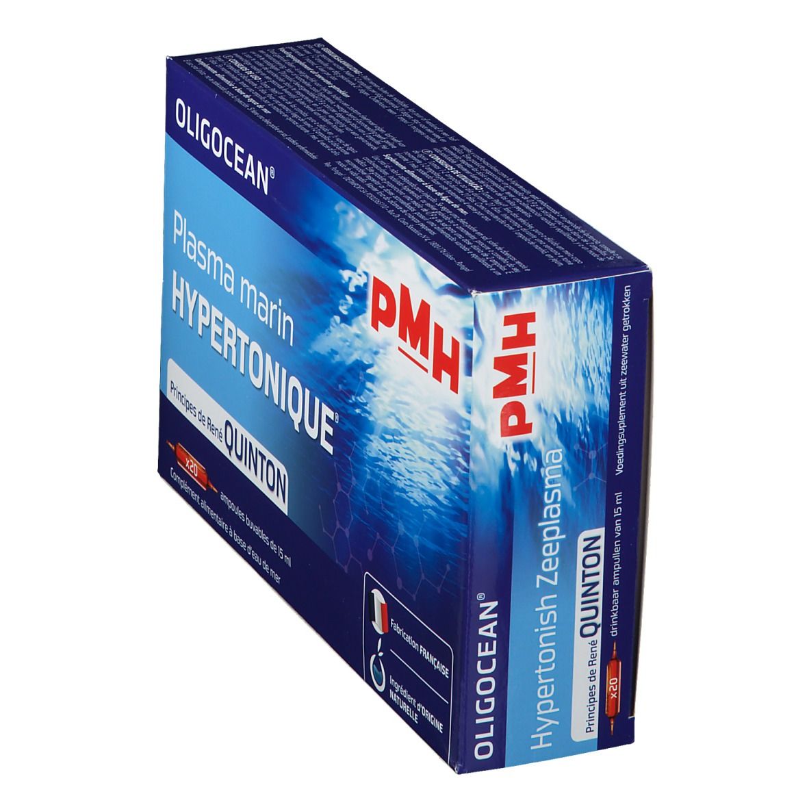 Boîte de produit OLIGOCEAN PMH. Inscription: Plasma marin Hypertonique, Quinton. Contient 20 ampoules. Fabrication française.