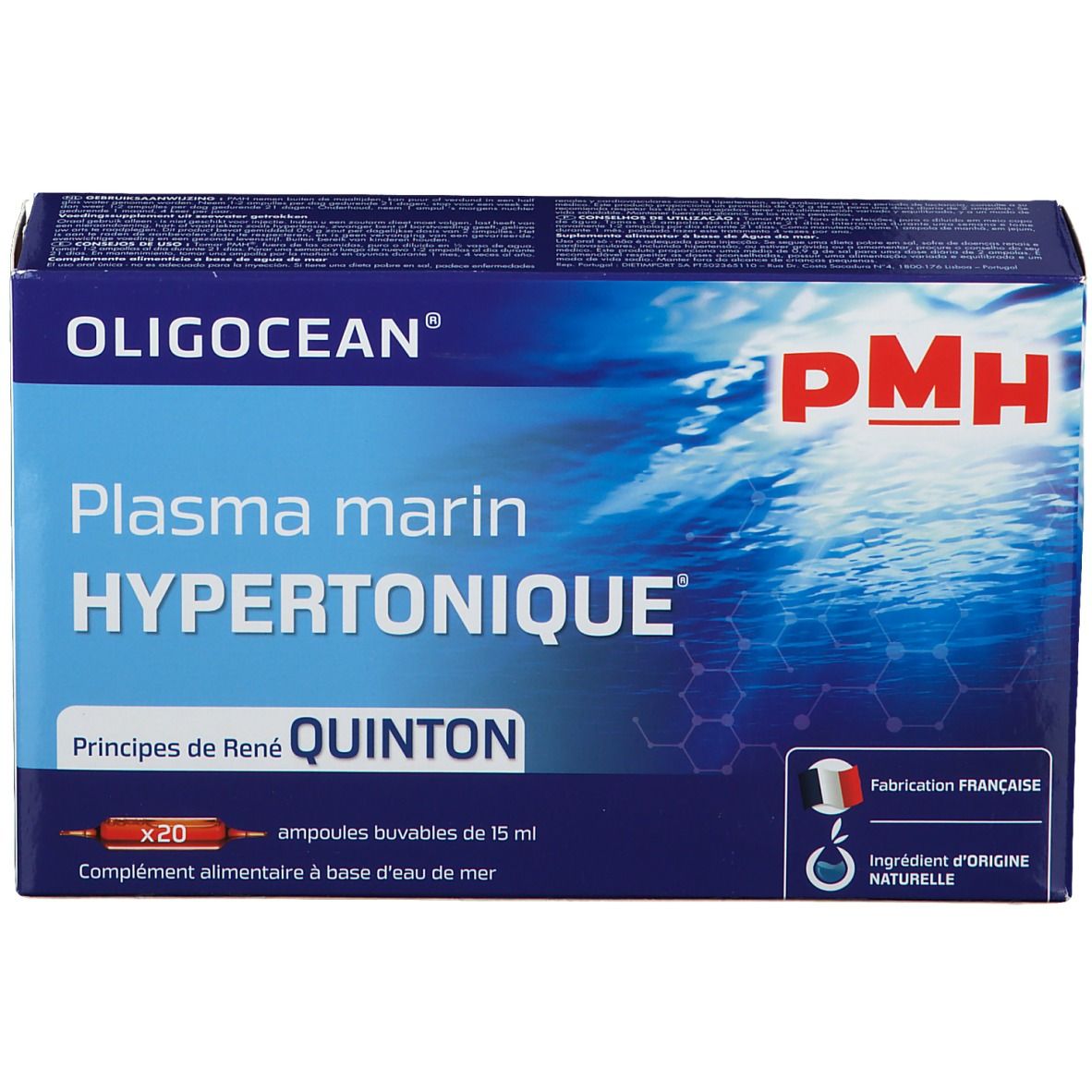 Boîte de produit OLIGOCEAN PMH. Inscription: Plasma marin Hypertonique, Quinton. Contient 20 ampoules. Fabrication française.