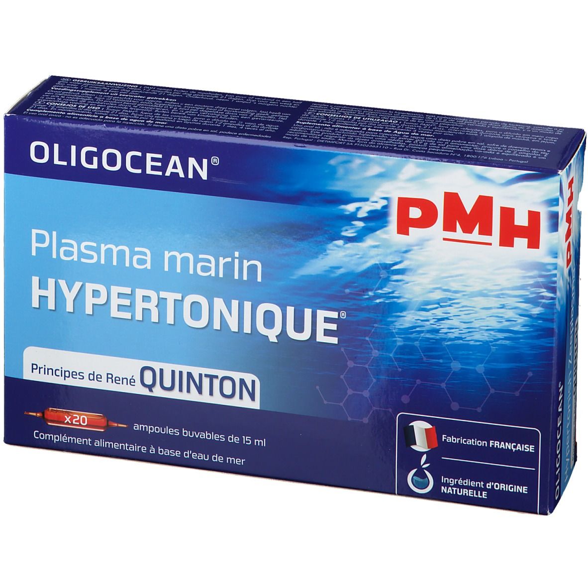 Boîte de produit OLIGOCEAN PMH. Inscription: Plasma marin Hypertonique, Quinton. Contient 20 ampoules. Fabrication française.