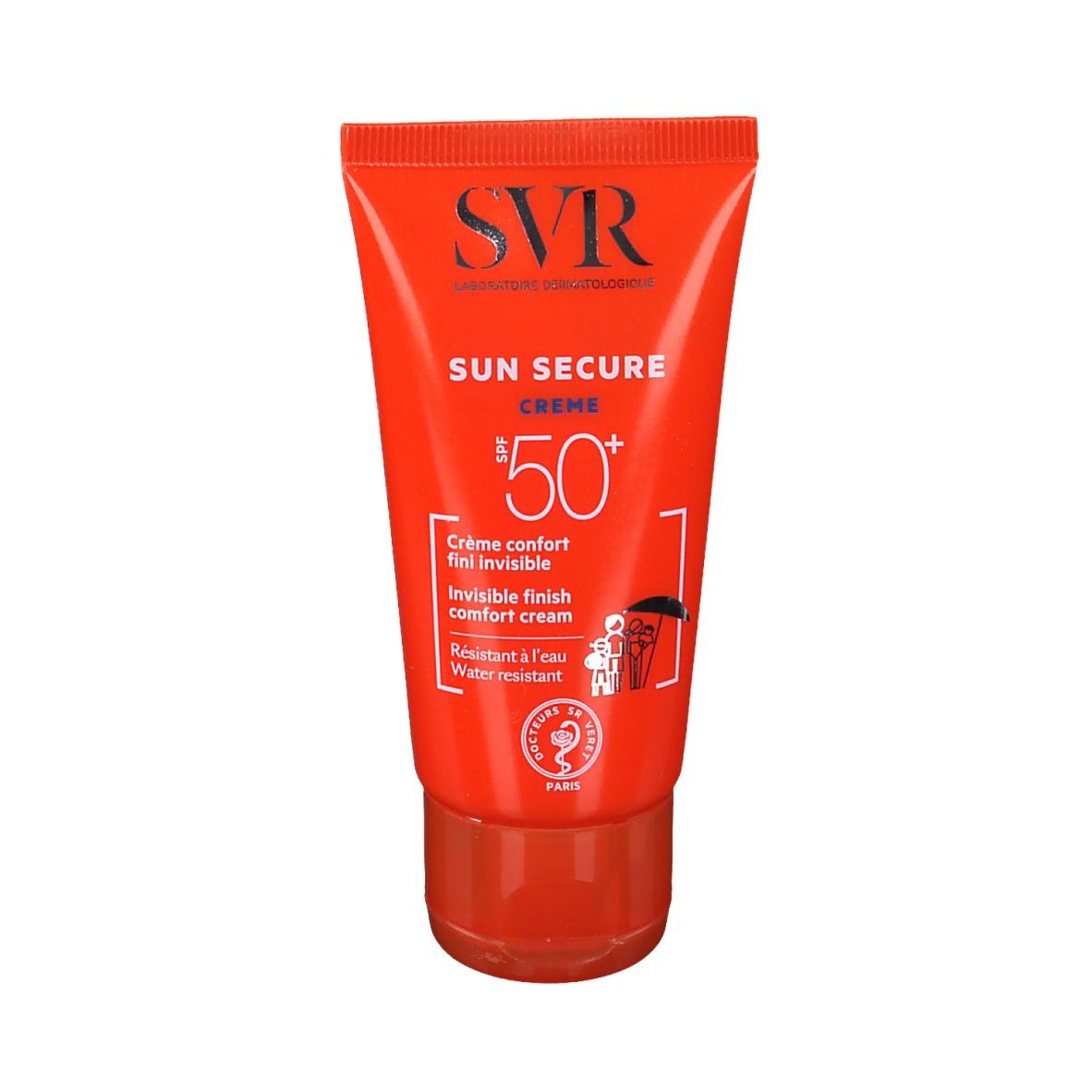 Tube orange SVR Sun Secure Crème SPF50+. Texte: Invisible finish comfort cream. Résistant à l'eau.