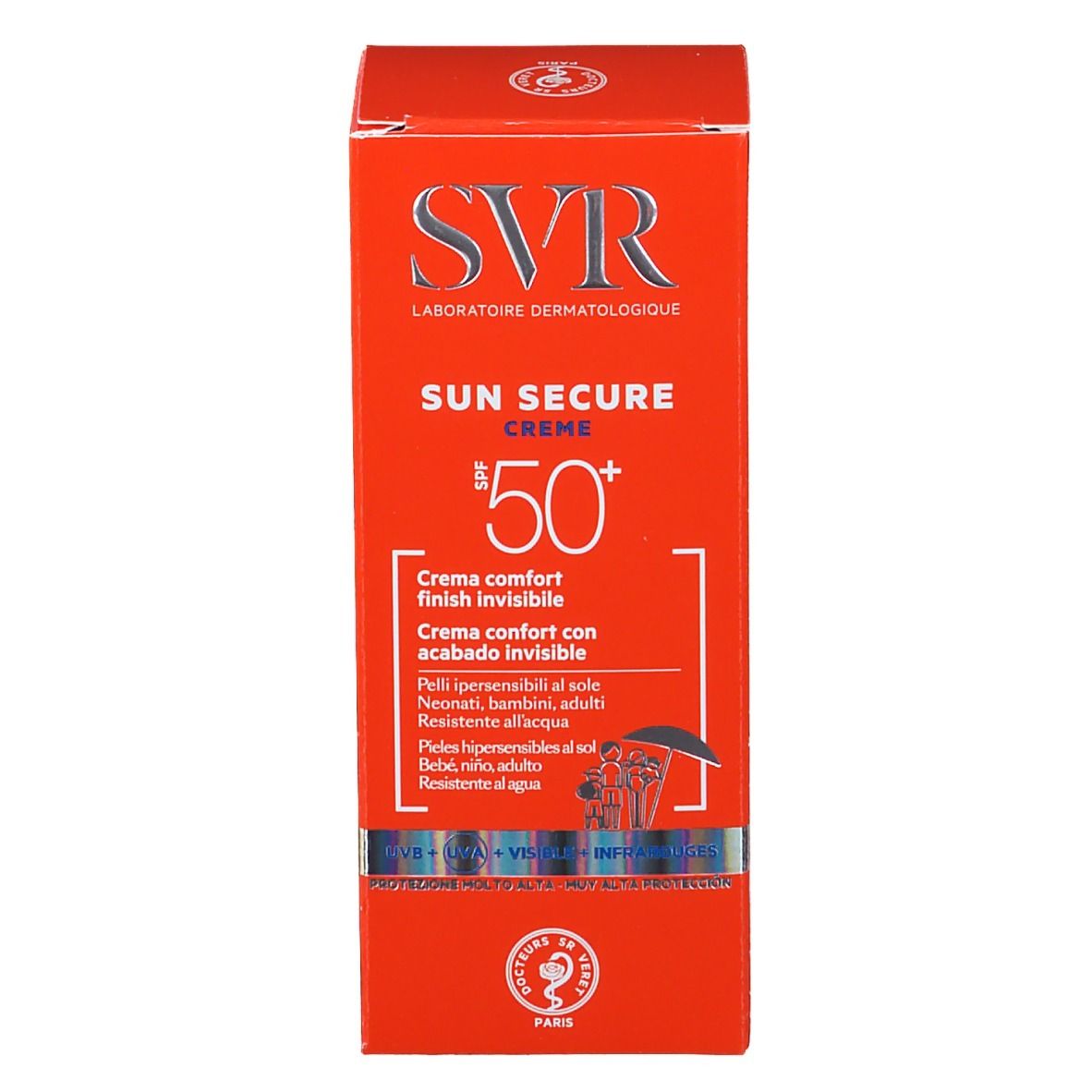 Boîte orange SVR Sun Secure Crème SPF50+. Texte: Invisible finish comfort cream. Résistant à l'eau.