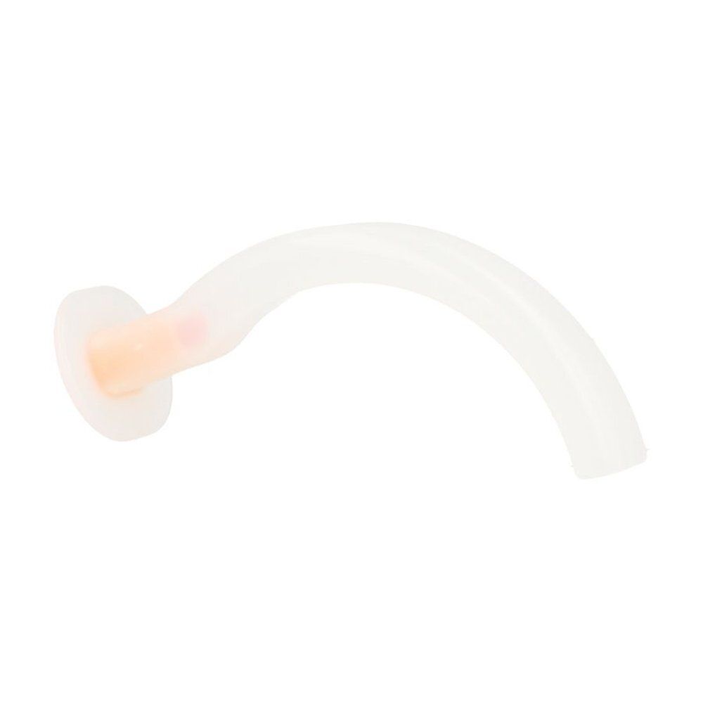 Canule médicale blanche incurvée avec une base orange clair.