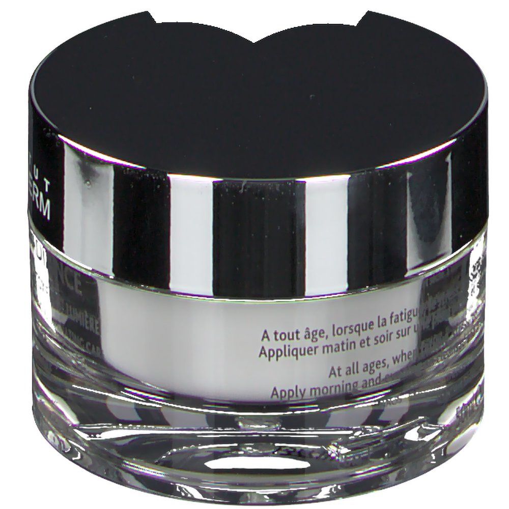 Pot en verre avec couvercle noir. Inscription: INSTITUT ESTHEDERM. Texte: A tout âge, appliquer matin et soir. At all ages, apply morning and night.