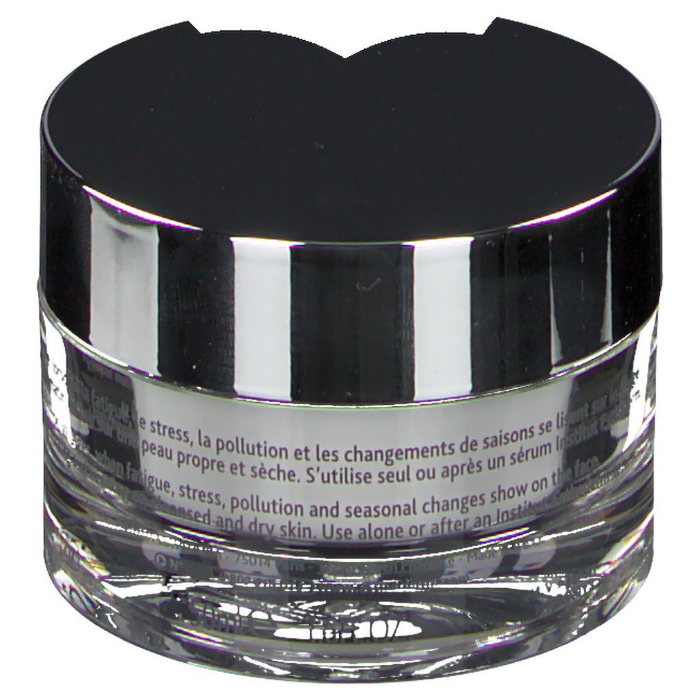 Pot en verre avec couvercle noir. Texte: stress, pollution et les changements de saisons se lisent sur la peau propre et sèche. Use alone or after an Institut Esthederm serum.