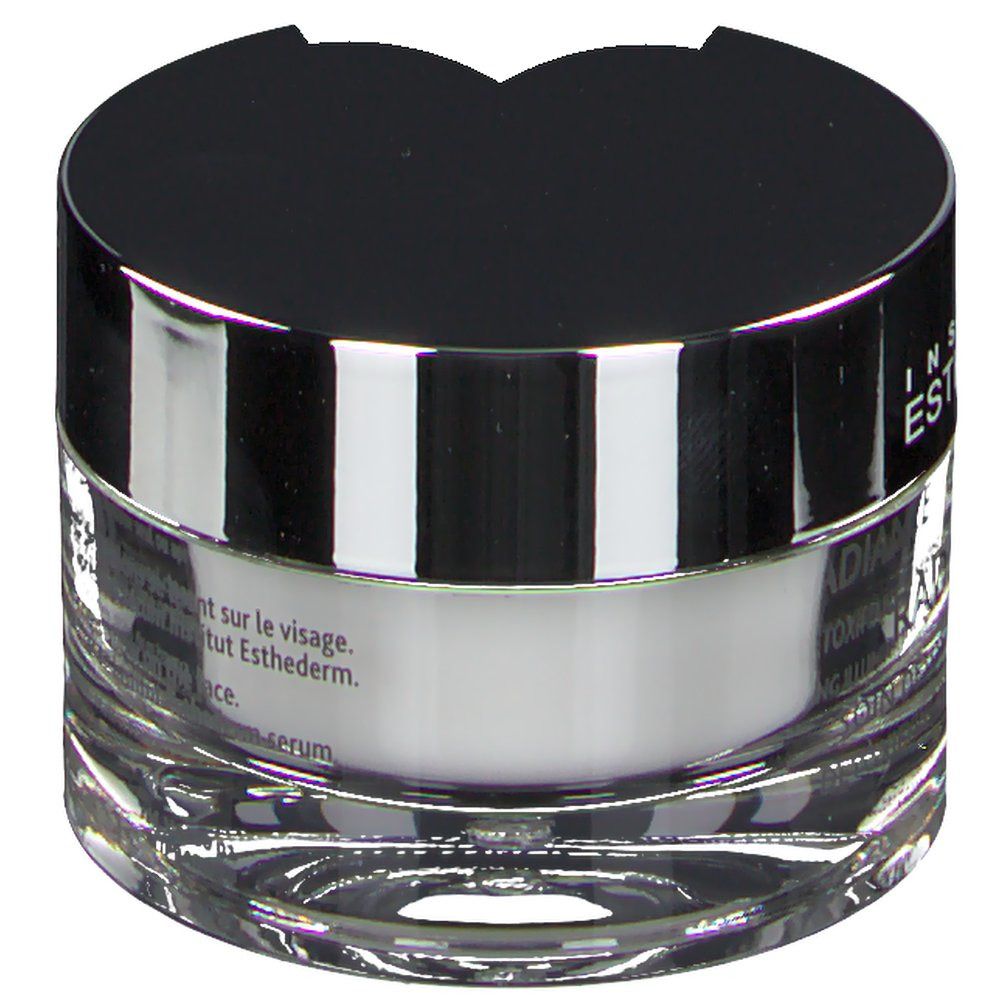 Pot en verre avec couvercle noir. Inscription: INSTITUT ESTHEDERM, RADIANCE. Texte: Appliquer sur le visage. Institut Esthederm.