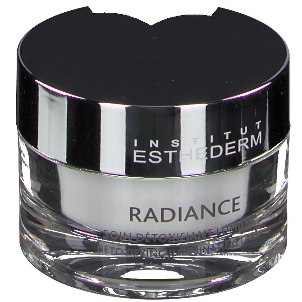 Pot en verre avec couvercle noir. Inscription: INSTITUT ESTHEDERM, RADIANCE, SOIN DÉTOXIFIANT LUMIÈRE, DETOXIFYING ILLUMINATING CARE.