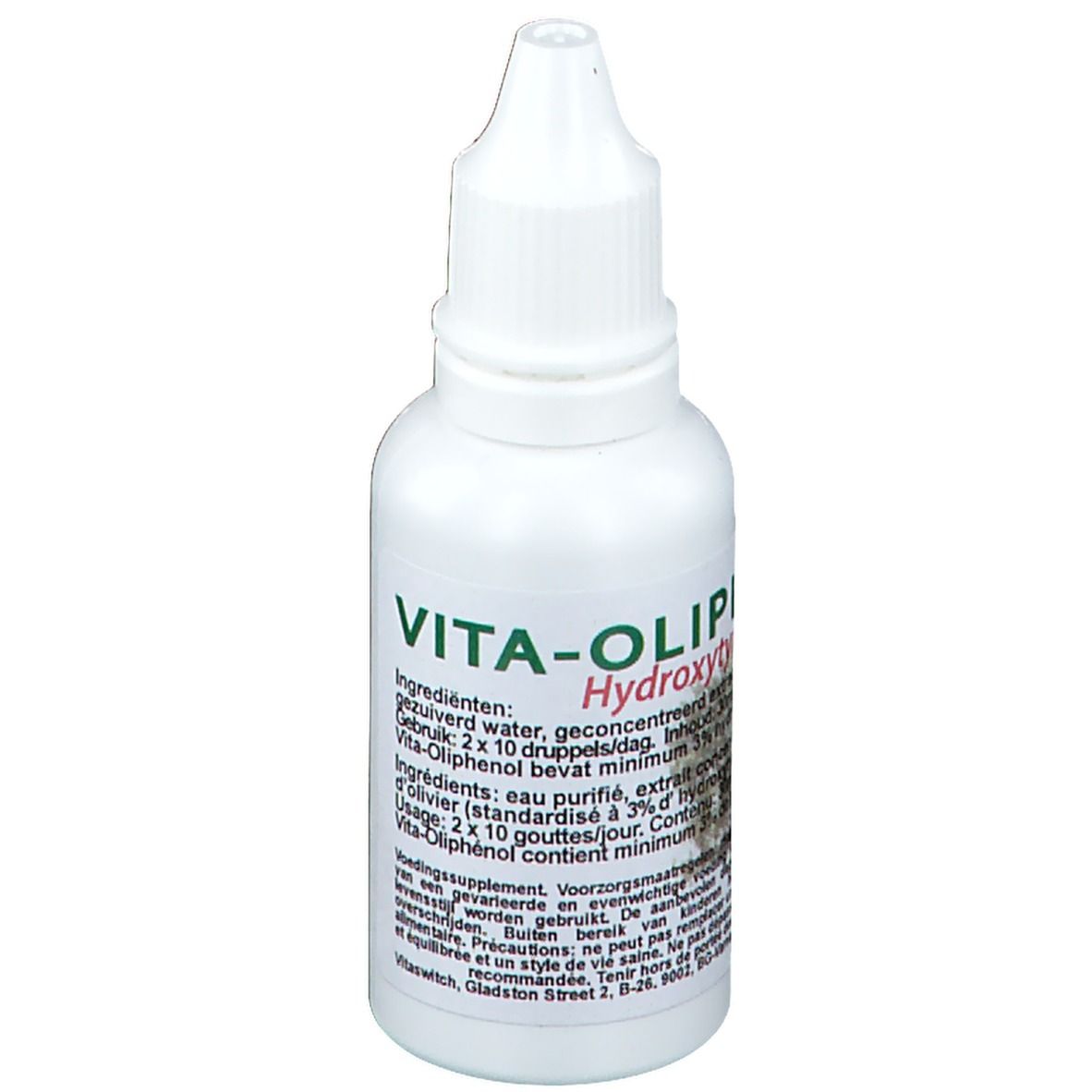Flacon compte-gouttes blanc avec étiquette verte. Inscription : Vita-Oliphenol, Hydroxytyrosol. Contient des informations.