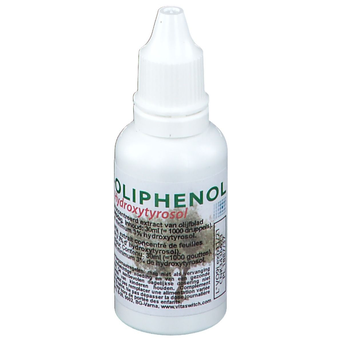 Flacon compte-gouttes blanc avec étiquette verte. Inscription : Oliphenol, Hydroxytyrosol. Contient des informations et dosage.