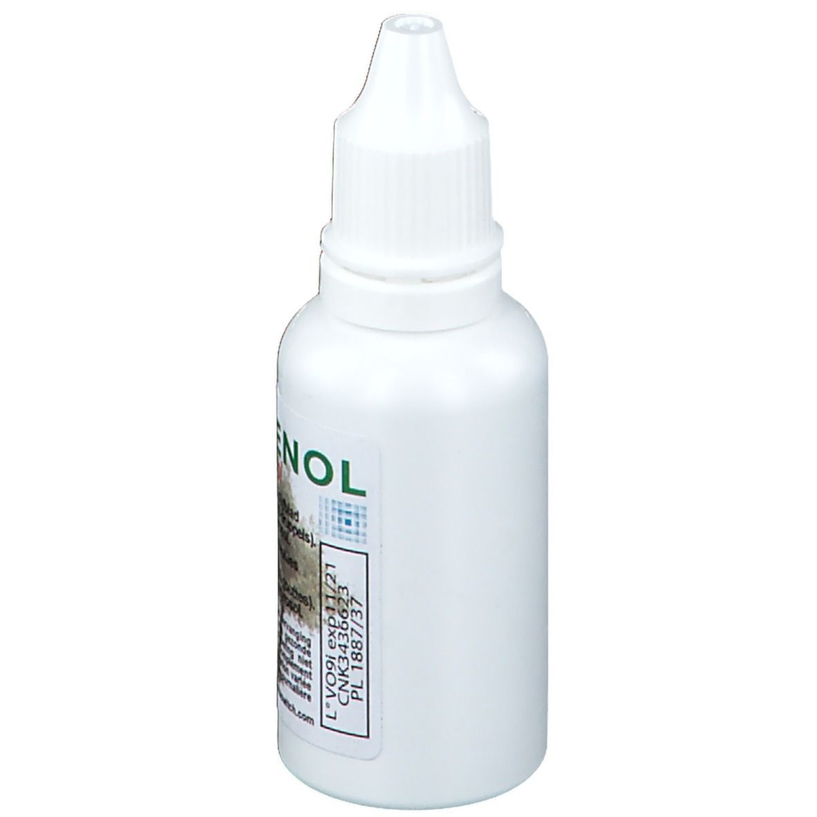 Flacon compte-gouttes blanc avec étiquette. Contient des informations et numéro de lot. Sans nom de produit.