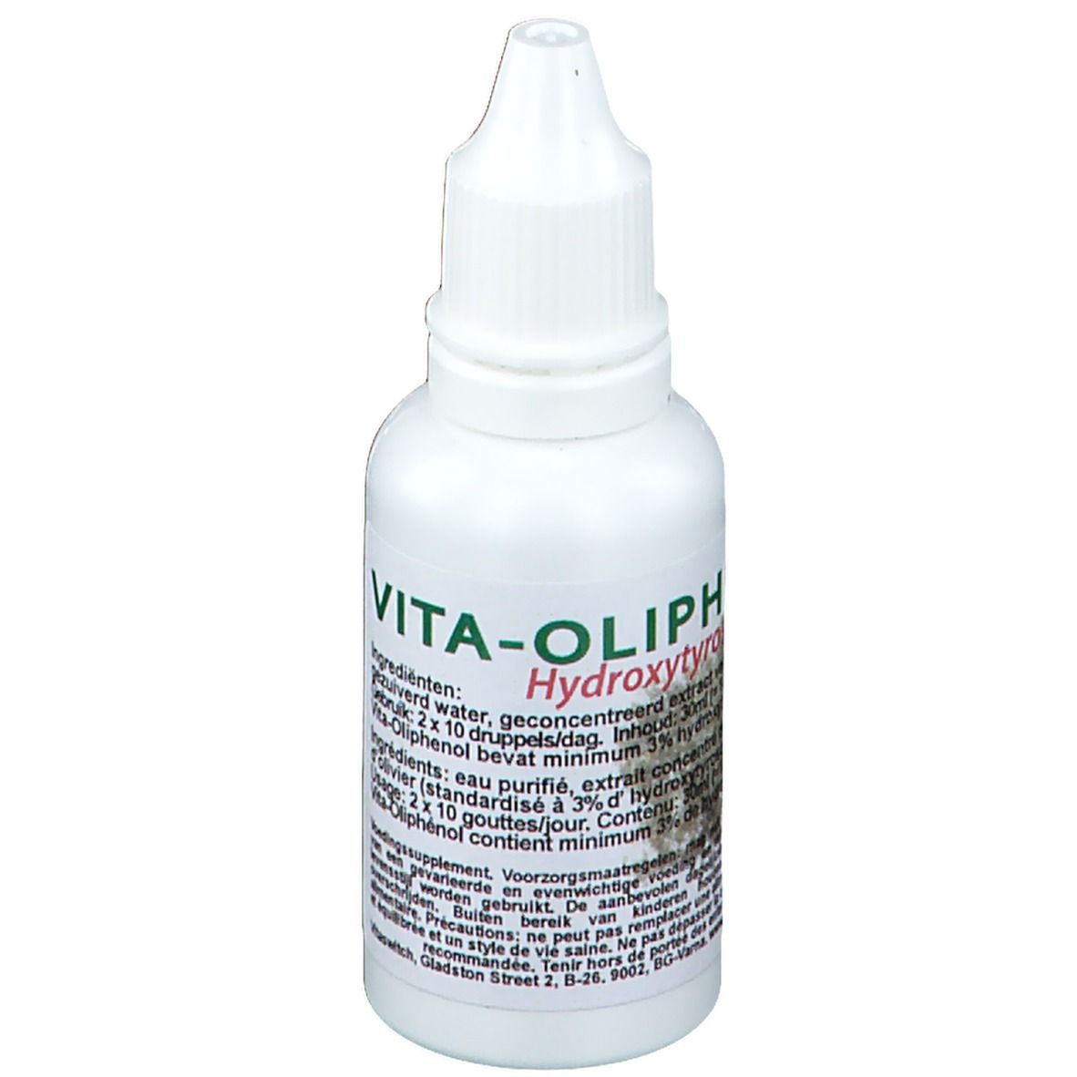 Flacon compte-gouttes blanc avec étiquette verte. Inscription : Vita-Oliphenol, Hydroxytyrosol. Contient des informations et dosage.