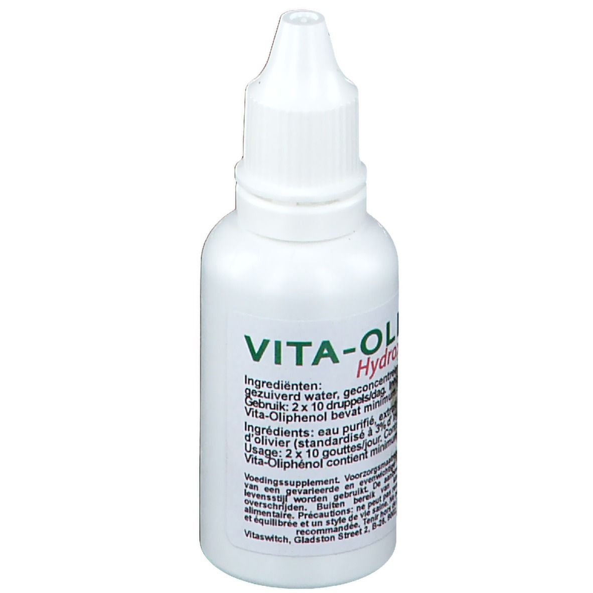 Flacon compte-gouttes blanc avec étiquette verte. Inscription : Vita-Oliphenol, Hydroxytyrosol. Contient des informations et dosage.