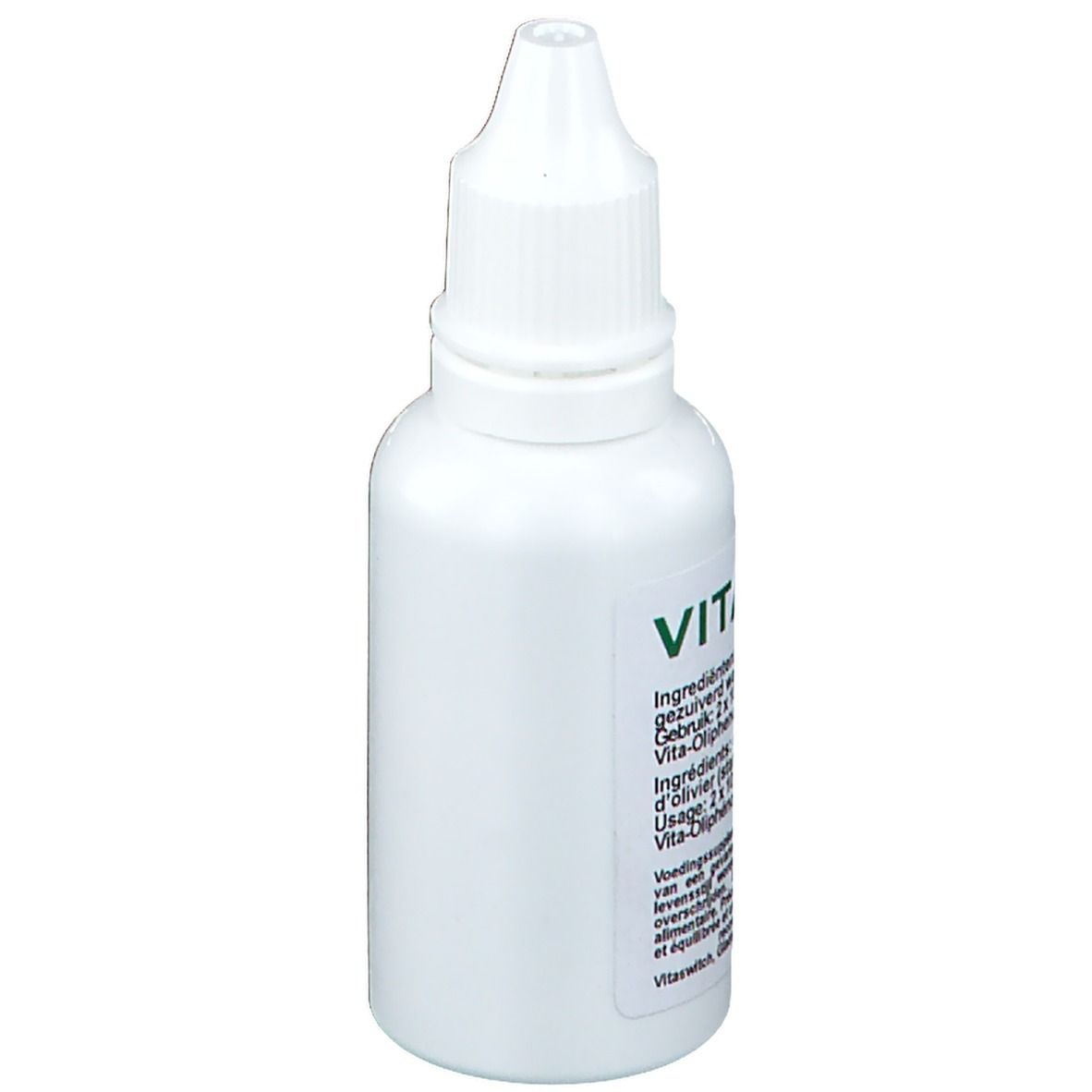 Flacon compte-gouttes blanc avec étiquette verte. Contient des informations et dosage. Sans nom de produit.
