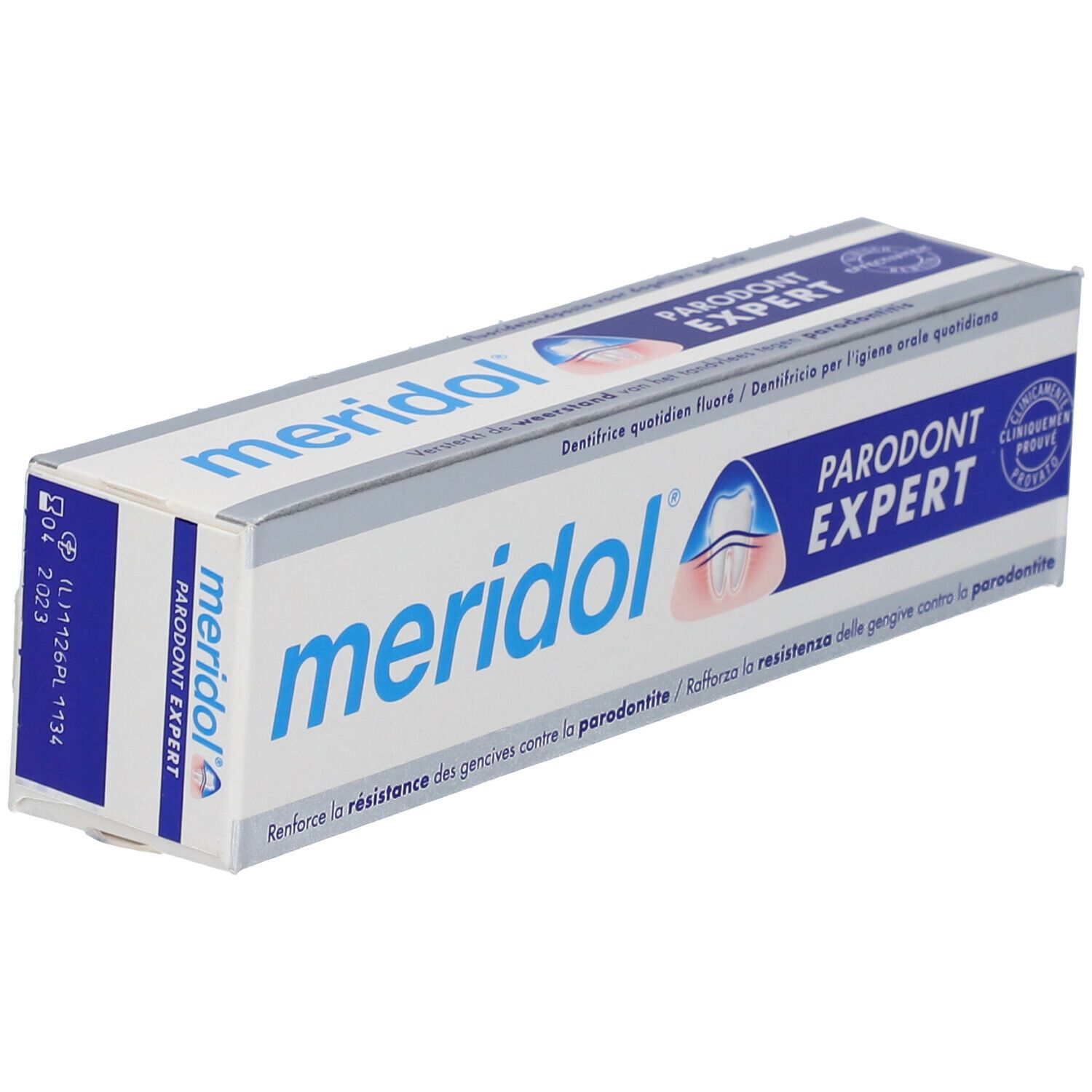 Boîte de dentifrice blanche et bleue. Inscription : meridol, Parodont Expert. Avec date d'expiration.