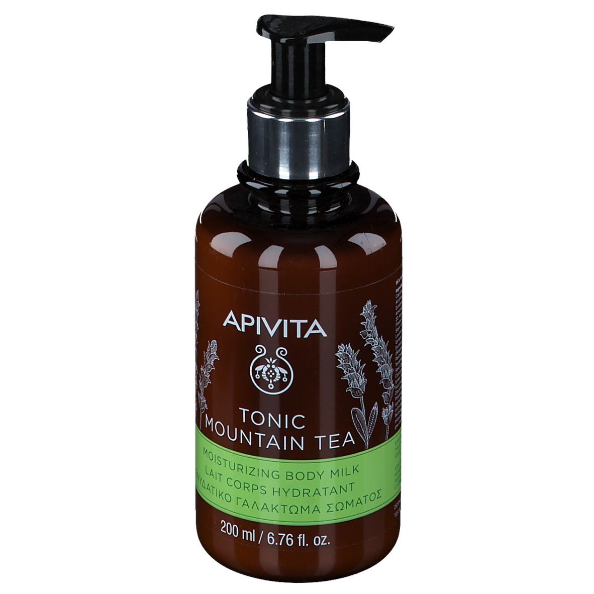 Apivita Tonic Mountain Tea lait corps hydratant dans une bouteille brune avec pompe, 200 ml.