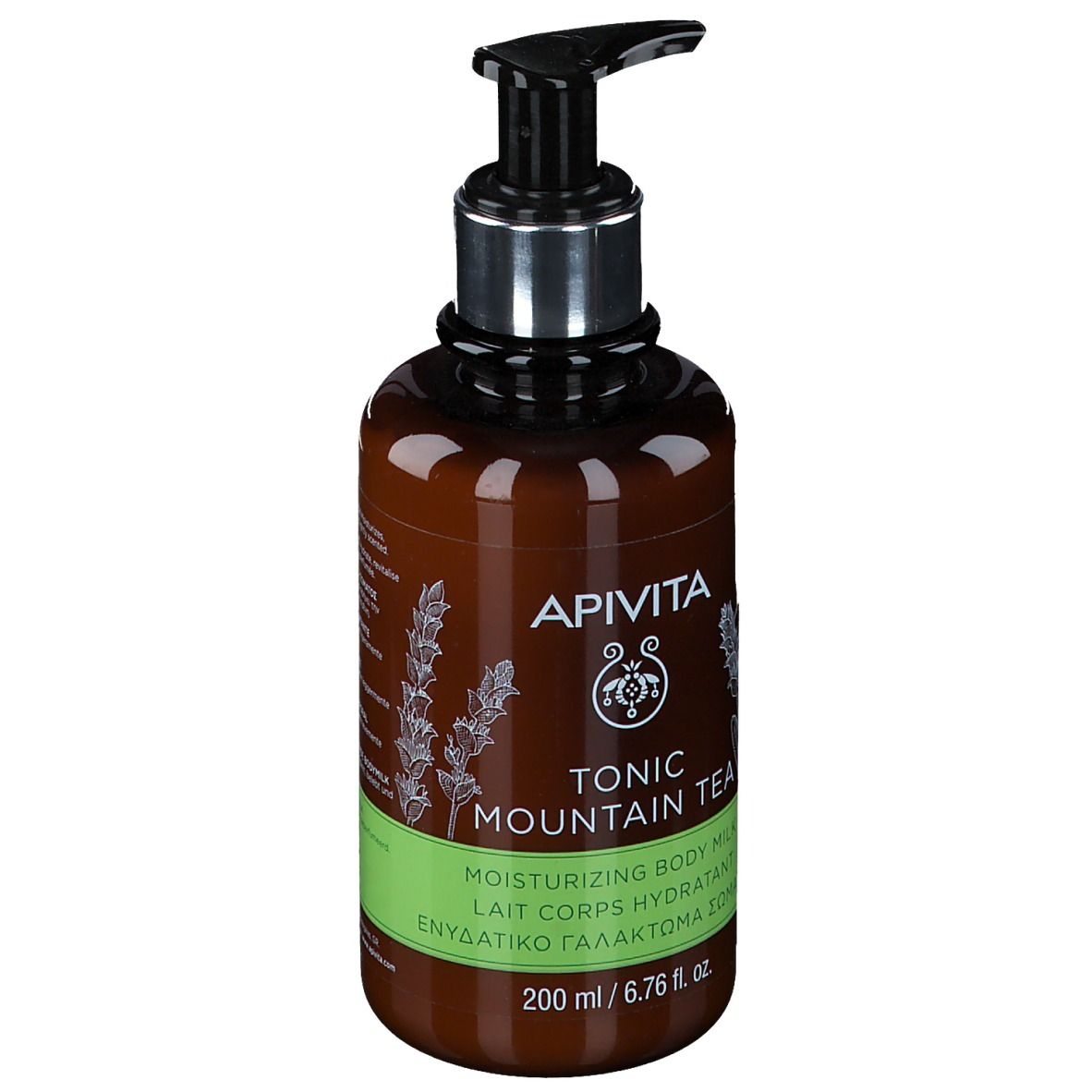 Lait corps hydratant Apivita Tonic Mountain Tea dans une bouteille brune avec pompe, 200 ml.